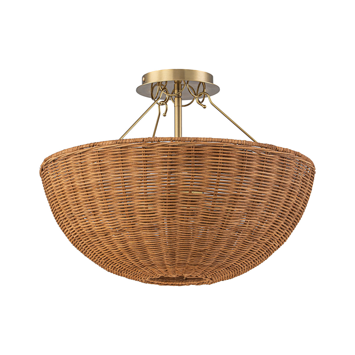 Glowlings 3-Light Boho Brass Rattan Semi Flush Mount Ceiling Light Handwoven Wicker Bowl Light Fixture