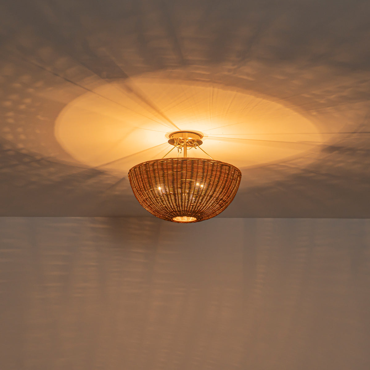Glowlings 3-Light Boho Brass Rattan Semi Flush Mount Ceiling Light Handwoven Wicker Bowl Light Fixture