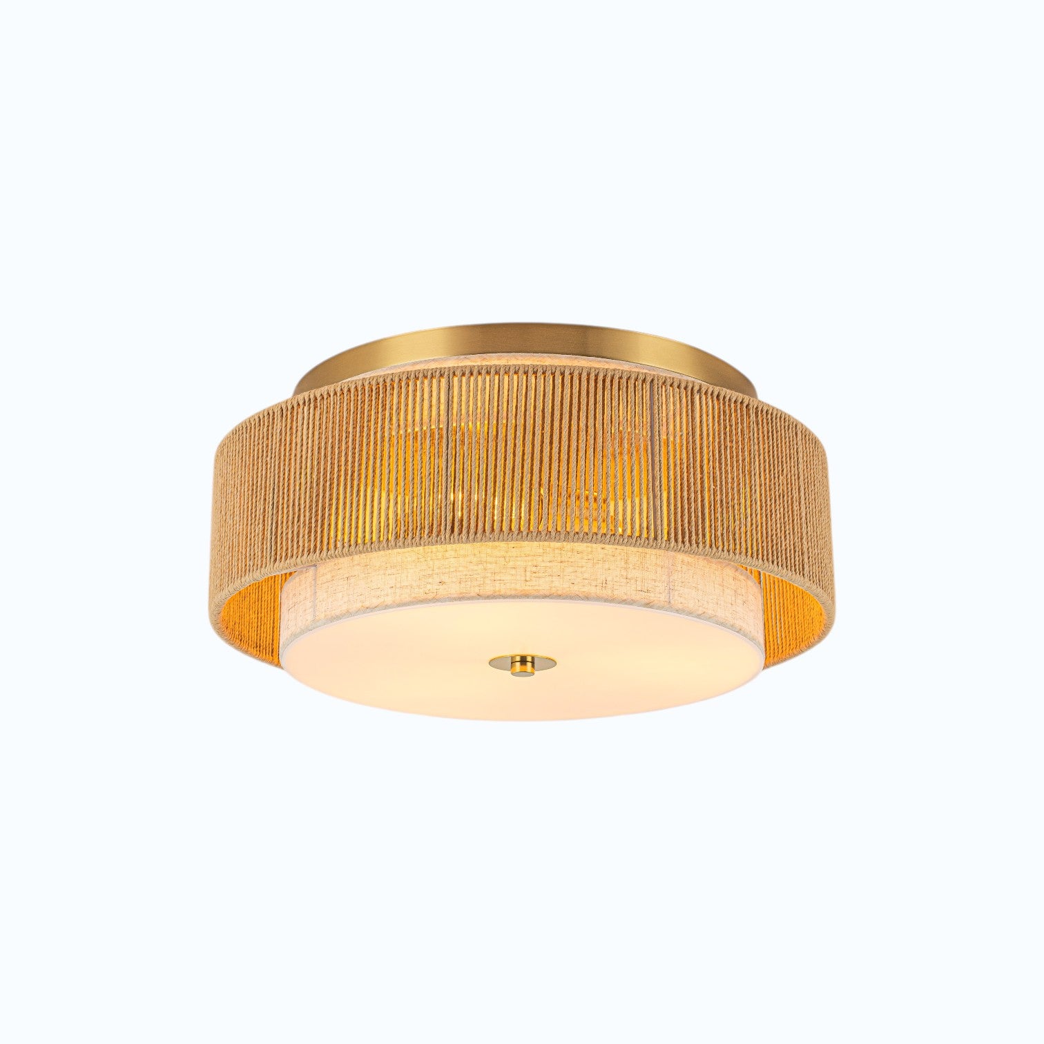 Glowlings 3-Light Boho Woven Jute Rope & Fabric Shade Natural Brass Drum Flush Mount Ceiling Light