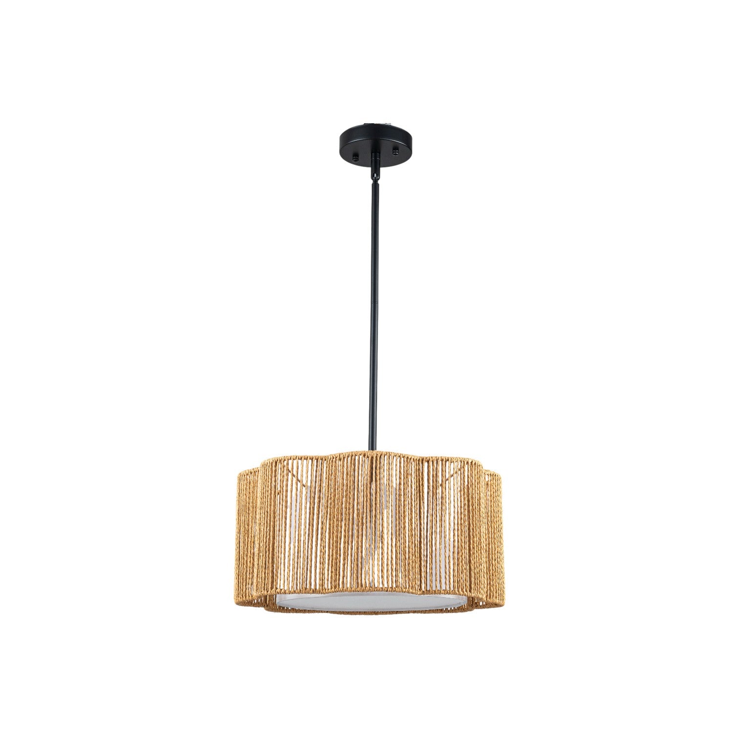 Glowlings 3-Light Boho 16"Wide Petal Hand-woven Jute Rope Inner White Fabric Pendant Light