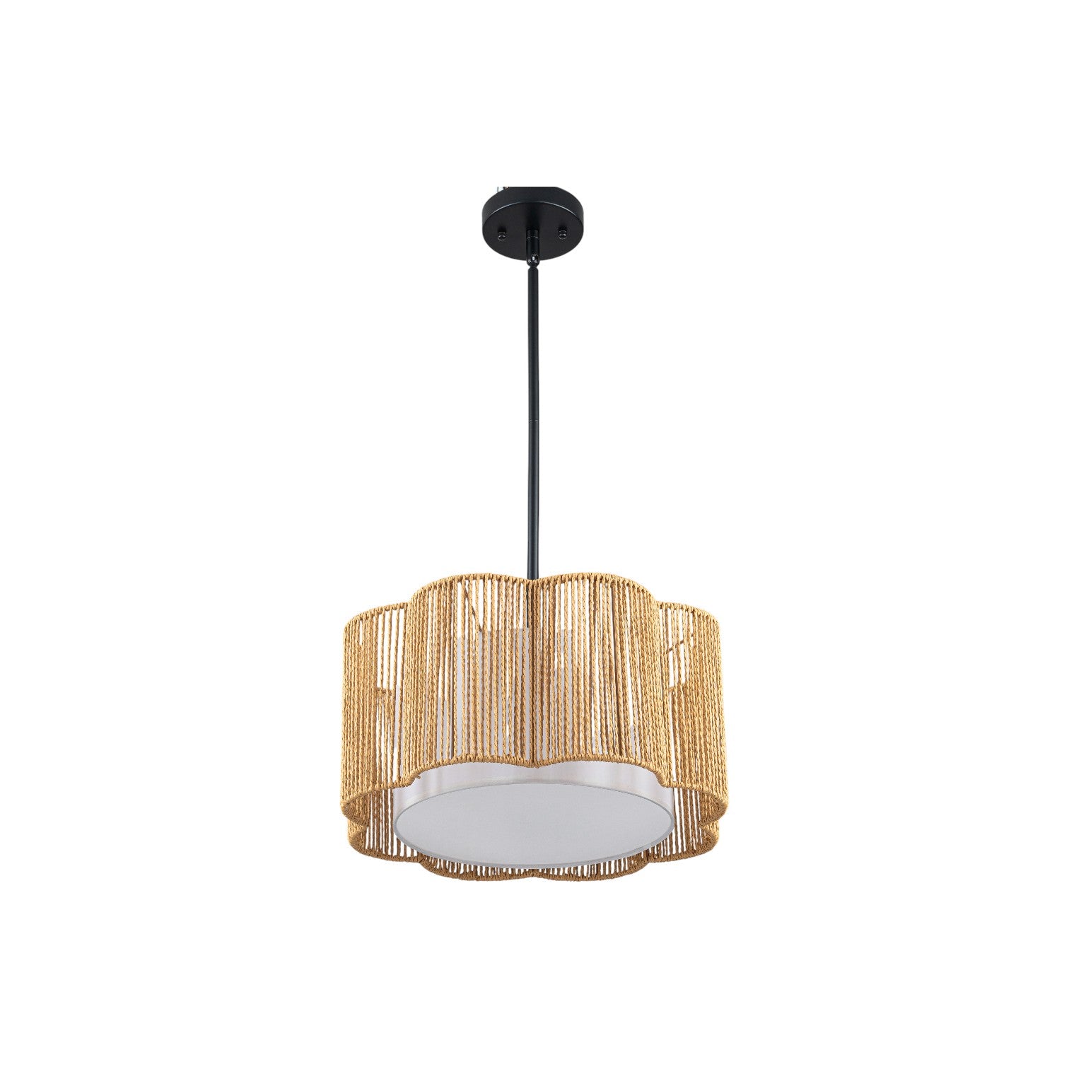 Glowlings 3-Light Boho 16"Wide Petal Hand-woven Jute Rope Inner White Fabric Pendant Light