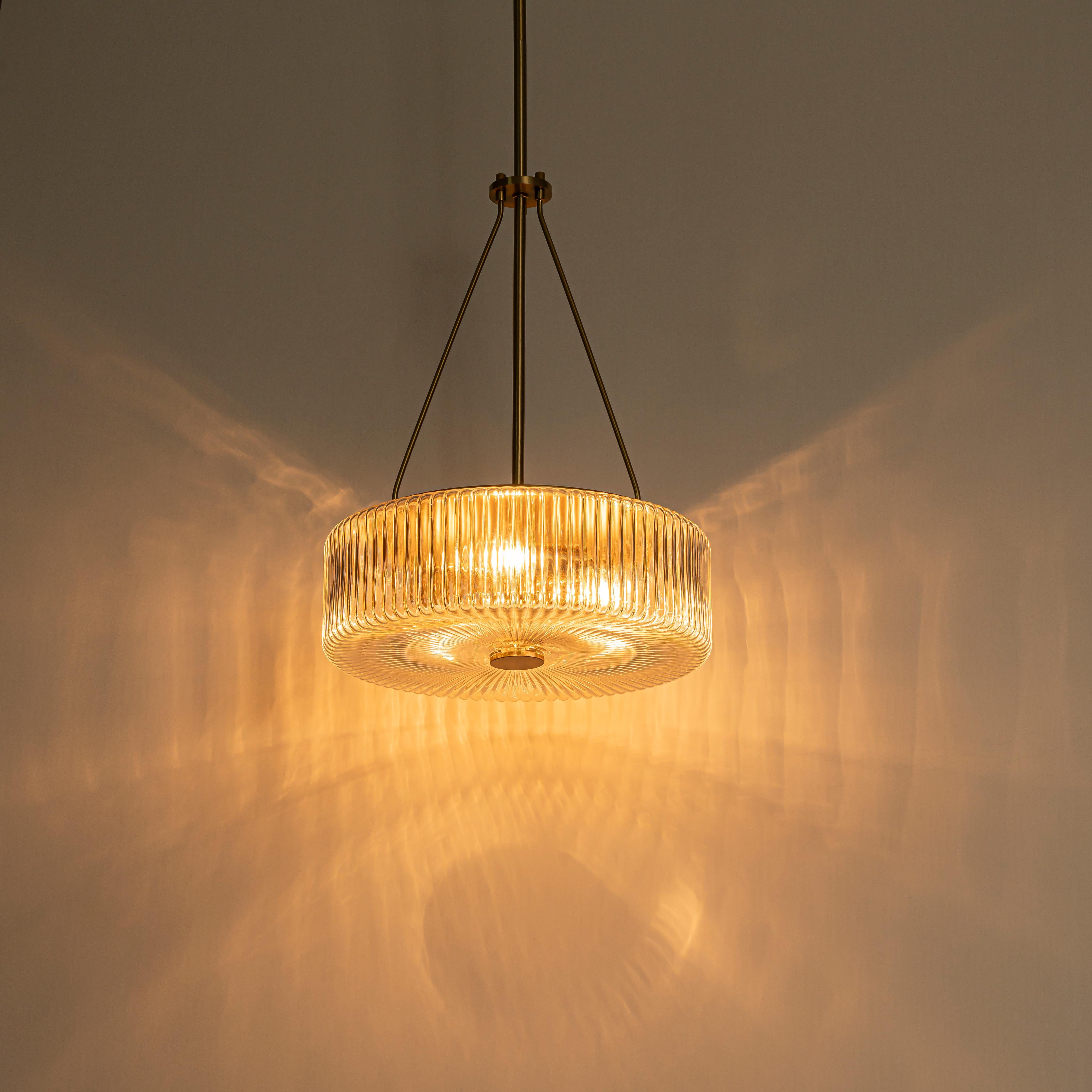Glowlings 3-Light Modern 14"Wide Brass Drum Clear Ribbed Glass Chandelier