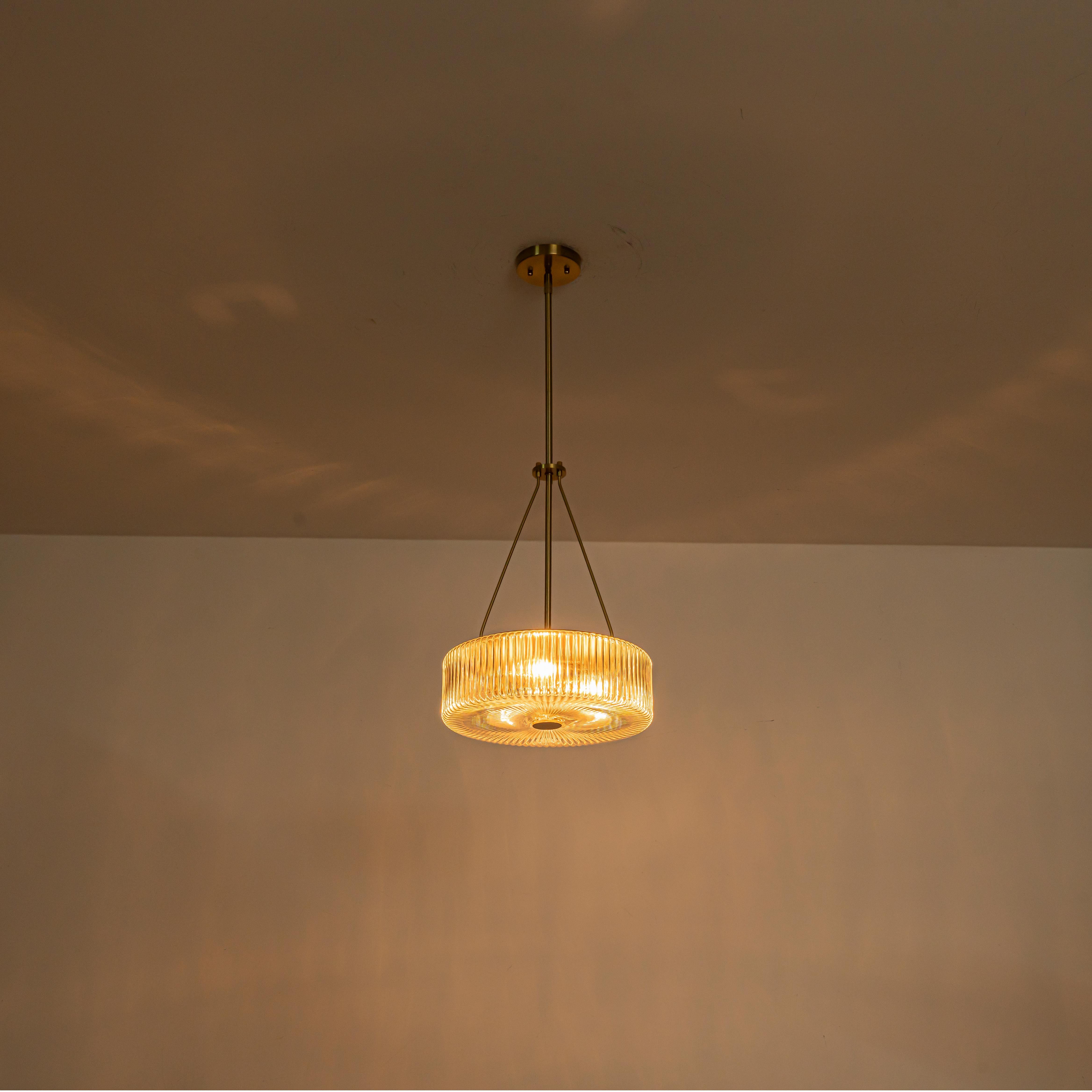Glowlings 3-Light Modern 14"Wide Brass Drum Clear Ribbed Glass Chandelier Kitchen Island