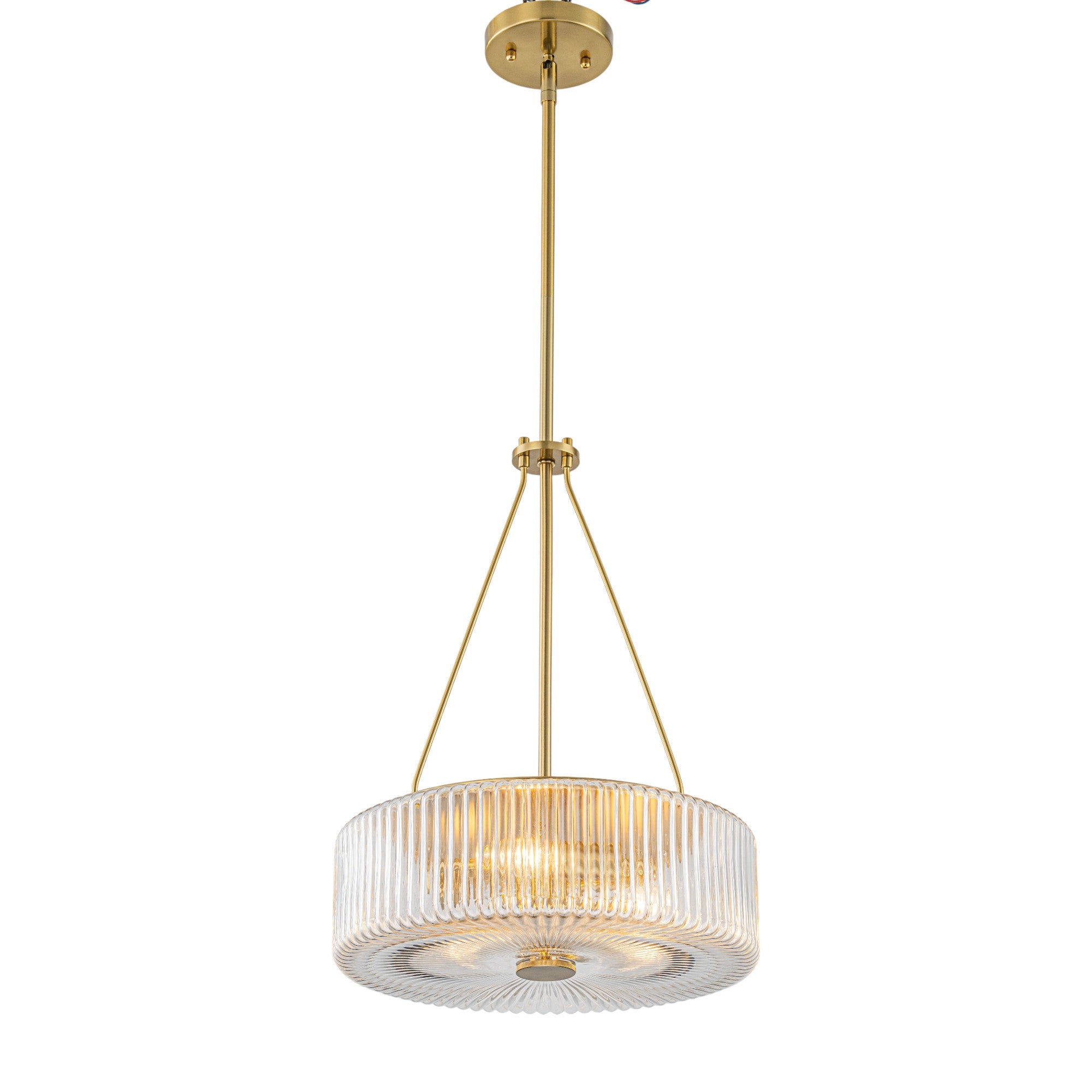 Glowlings 3-Light Modern 14"Wide Brass Drum Clear Ribbed Glass Chandelier