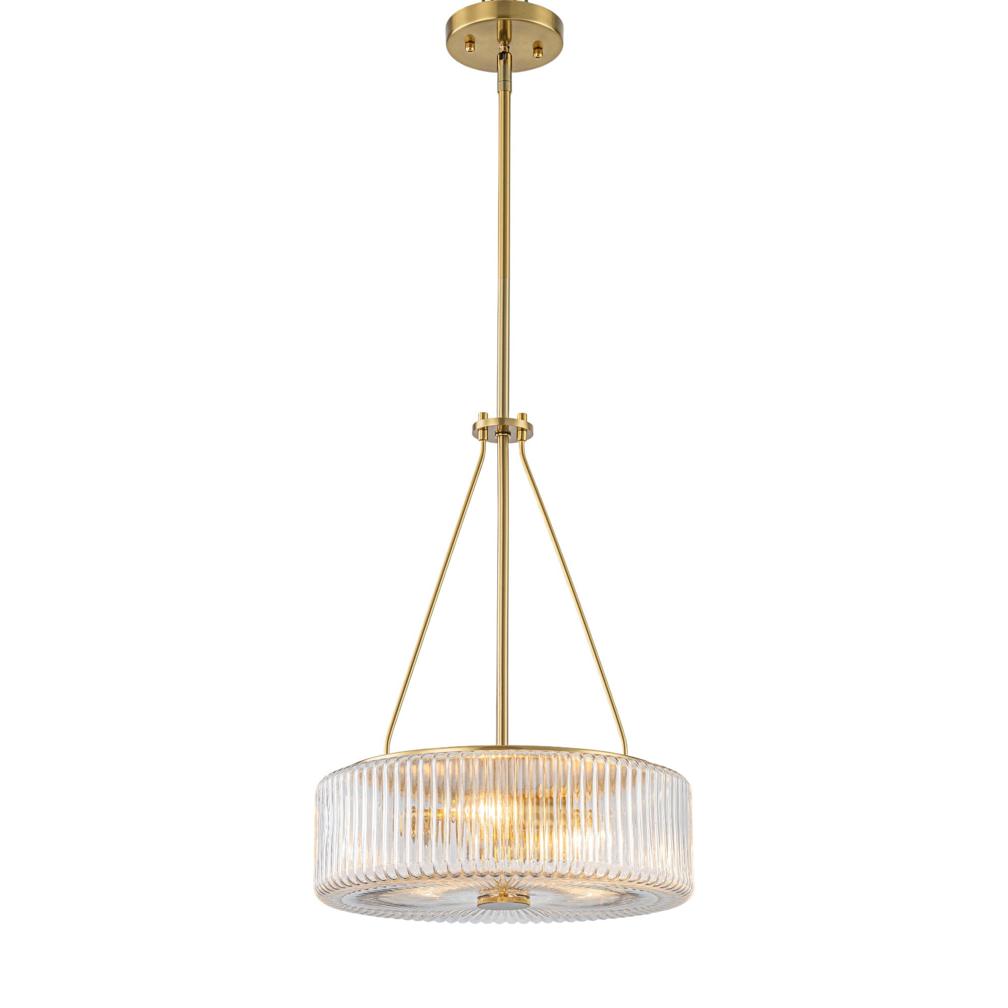 Glowlings 3-Light Modern 14"Wide Brass Drum Clear Ribbed Glass Chandelier Kitchen Island