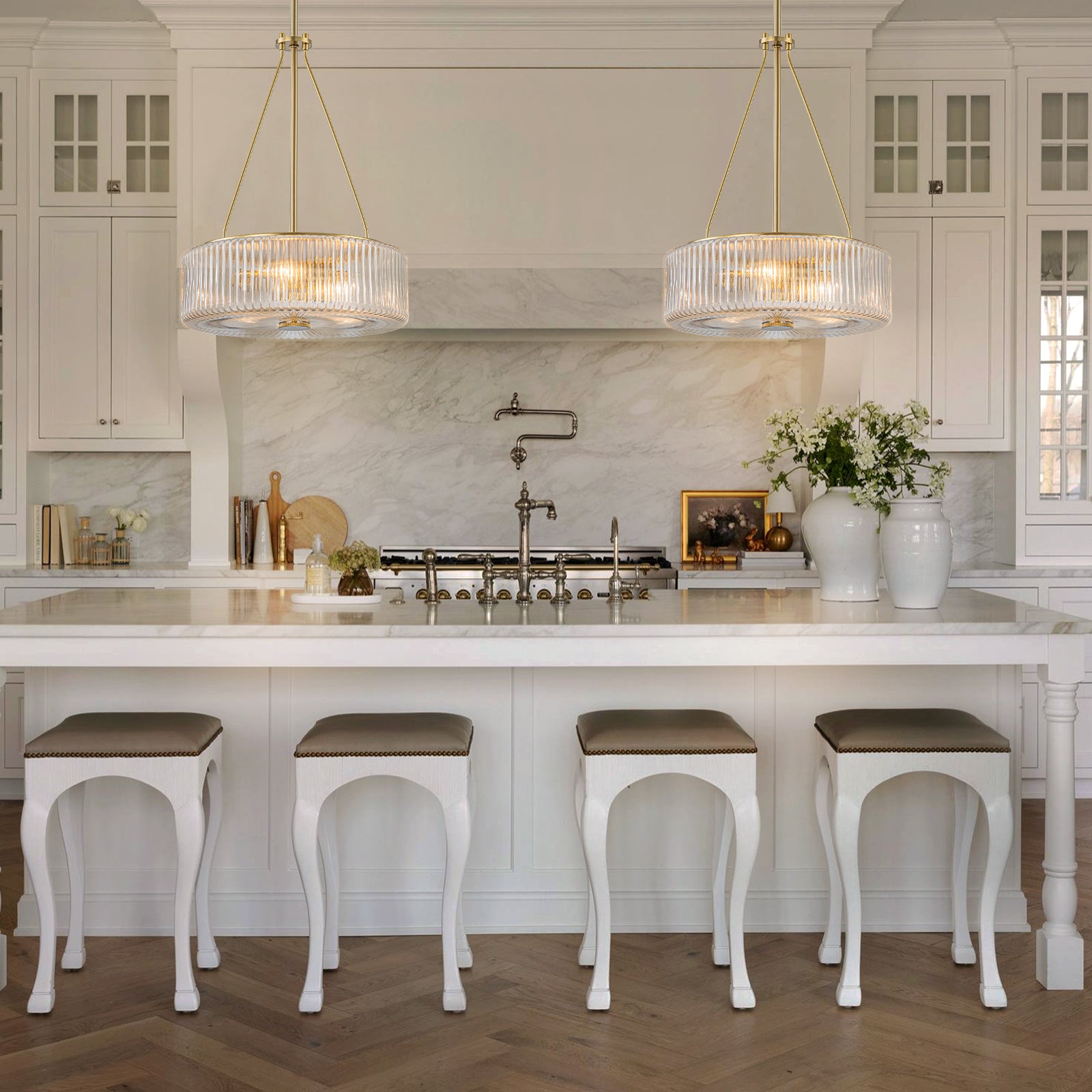 Glowlings 3-Light Modern 14"Wide Brass Drum Clear Ribbed Glass Chandelier Kitchen Island