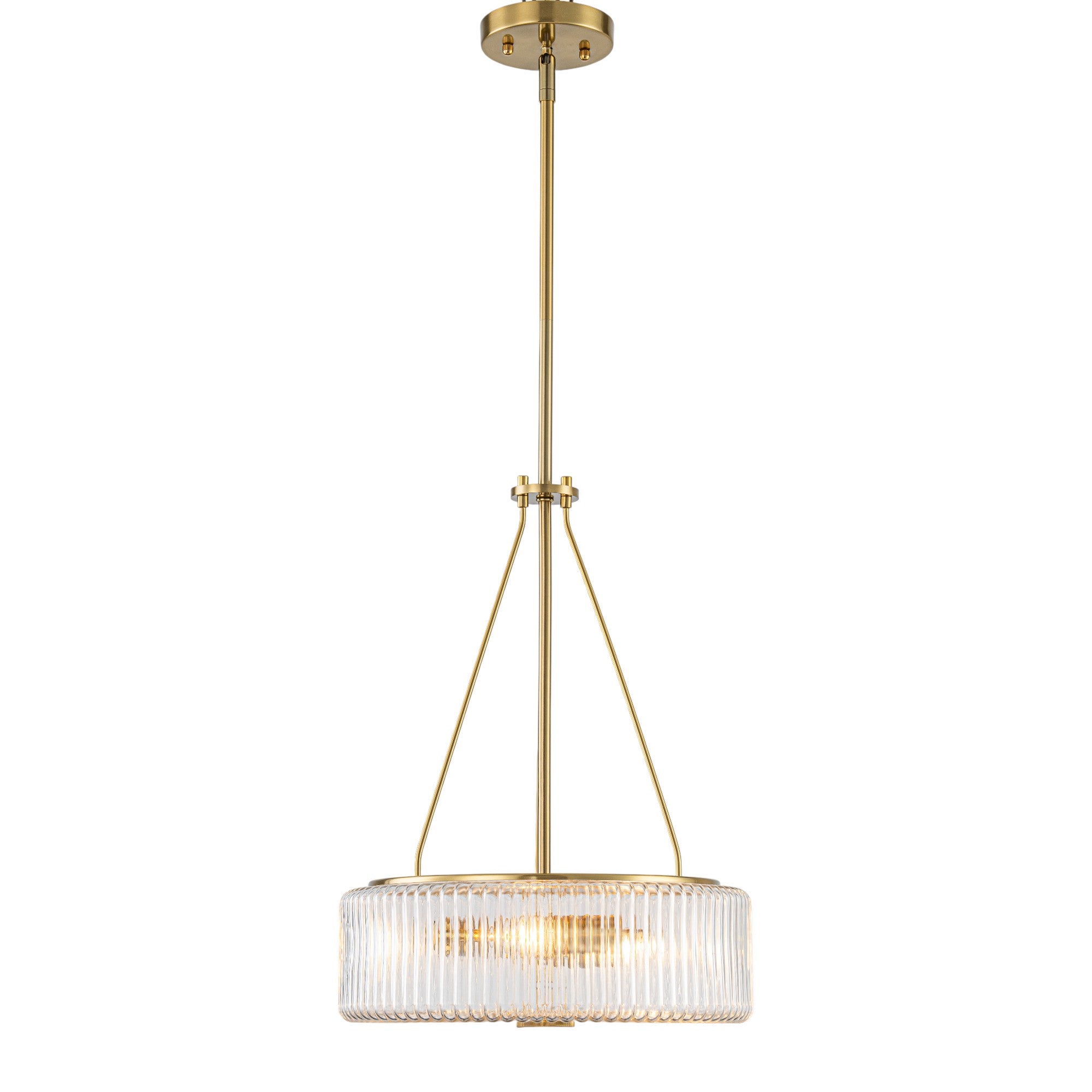 Glowlings 3-Light Modern 14"Wide Brass Drum Clear Ribbed Glass Chandelier Kitchen Island