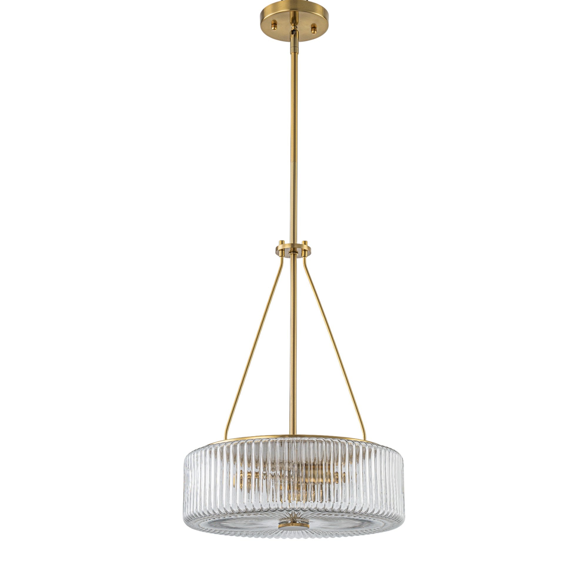 Glowlings 3-Light Modern 14"Wide Brass Drum Clear Ribbed Glass Chandelier Kitchen Island