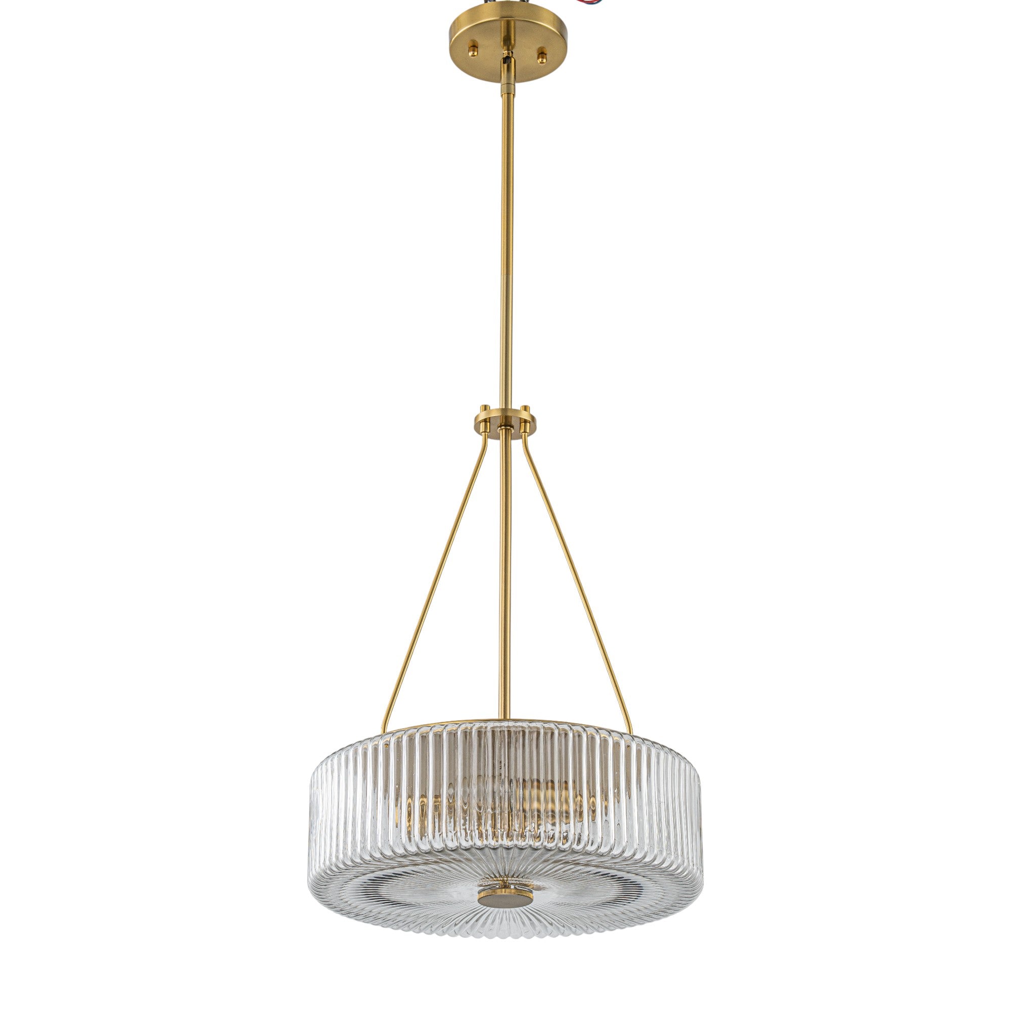 Glowlings 3-Light Modern 14"Wide Brass Drum Clear Ribbed Glass Chandelier