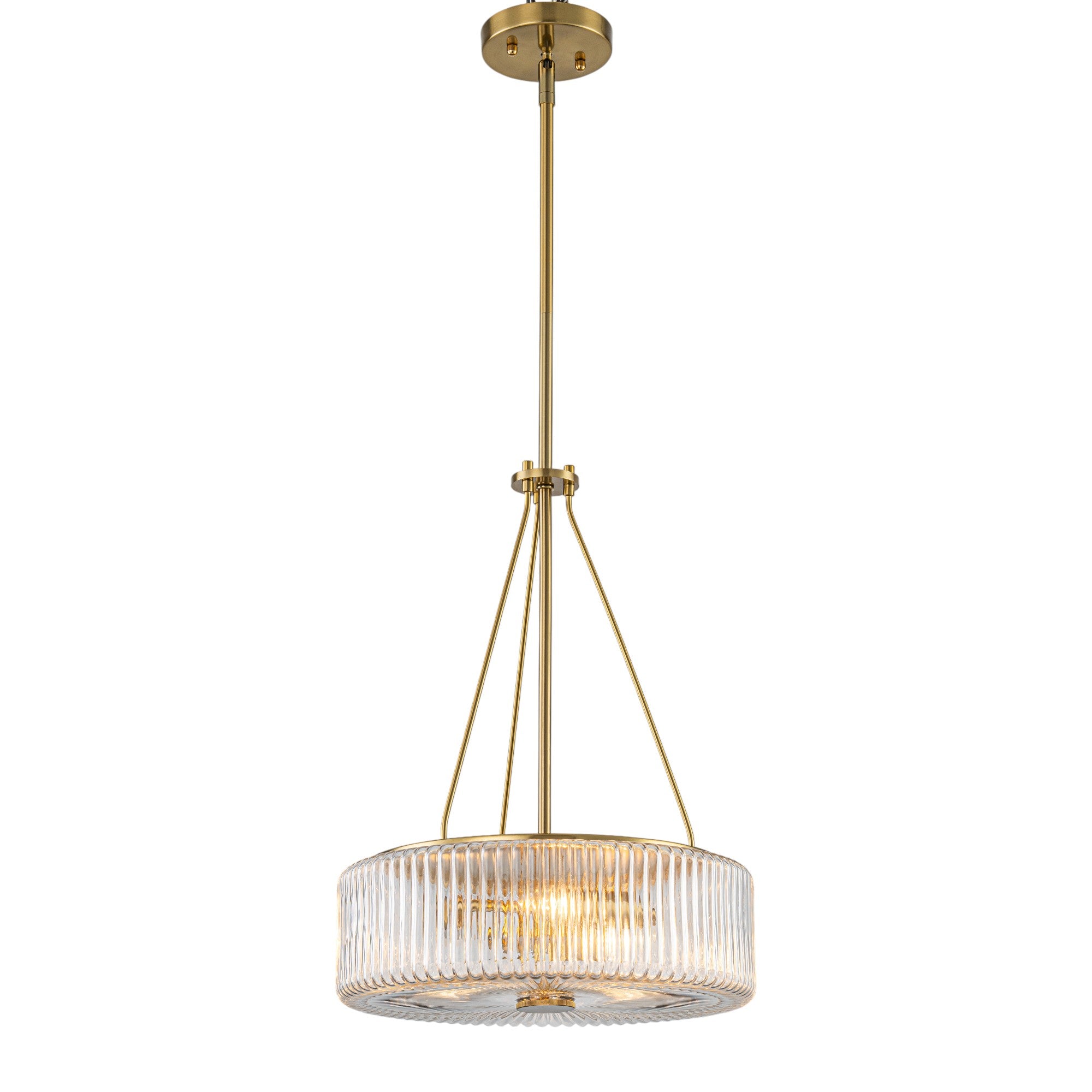 Glowlings 3-Light Modern 14"Wide Brass Drum Clear Ribbed Glass Chandelier Kitchen Island