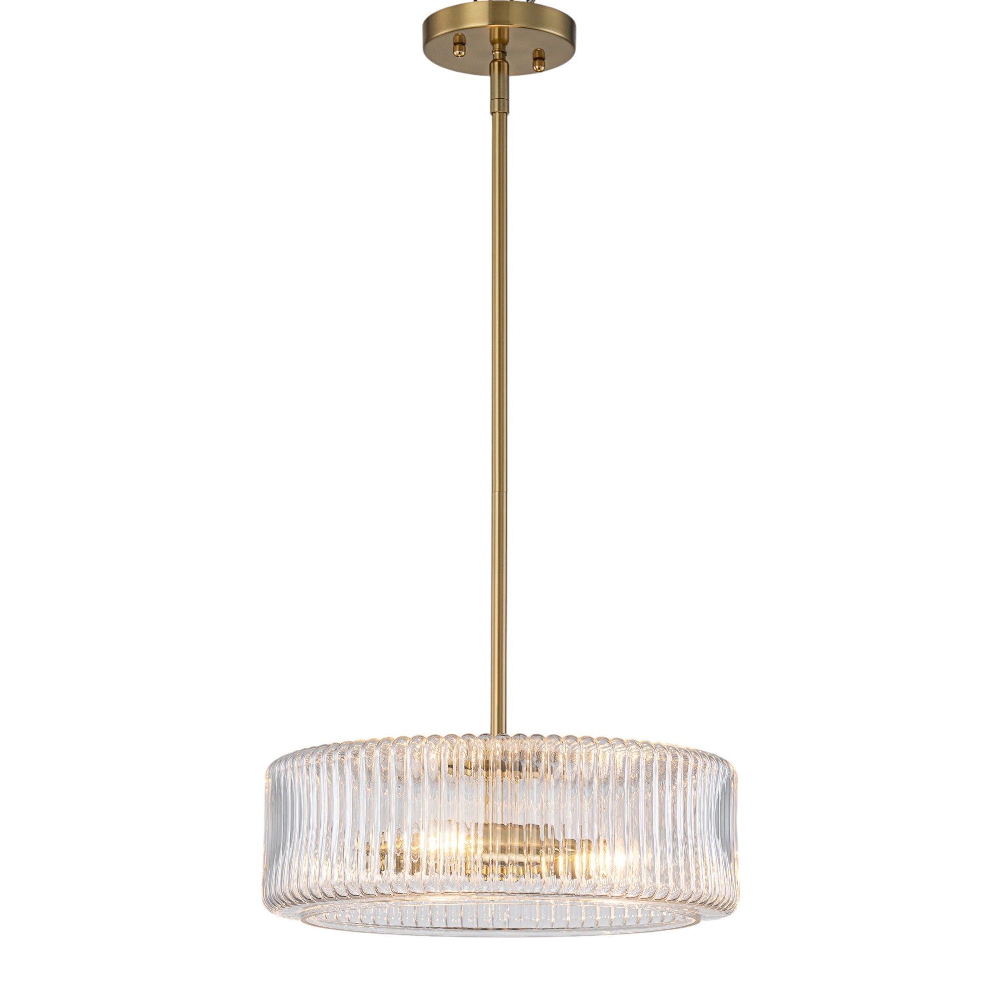 Glowlings 3-Light Modern 14"Wide Brass Drum Clear Ribbed Glass Chandelier/Semi-Flush Mount