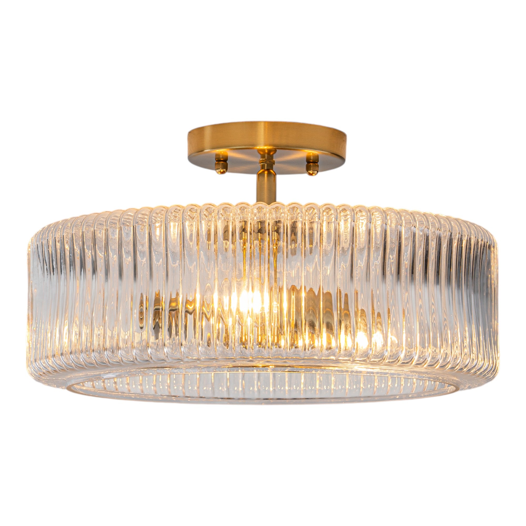 Glowlings 3-Light Modern 14"Wide Brass Drum Clear Ribbed Glass Chandelier/Semi-Flush Mount