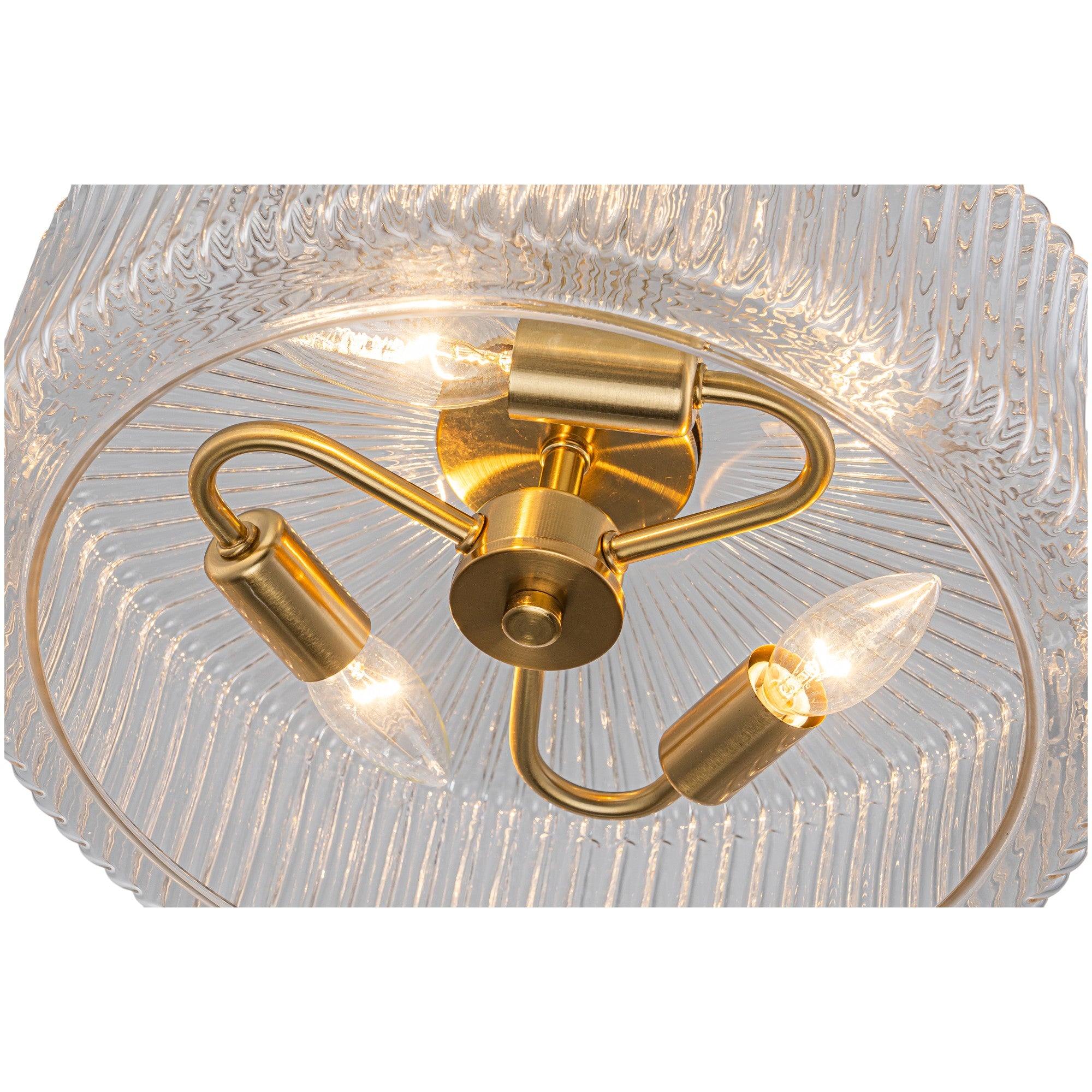 Glowlings 3-Light Modern 14"Wide Brass Drum Clear Ribbed Glass Chandelier/Semi-Flush Mount