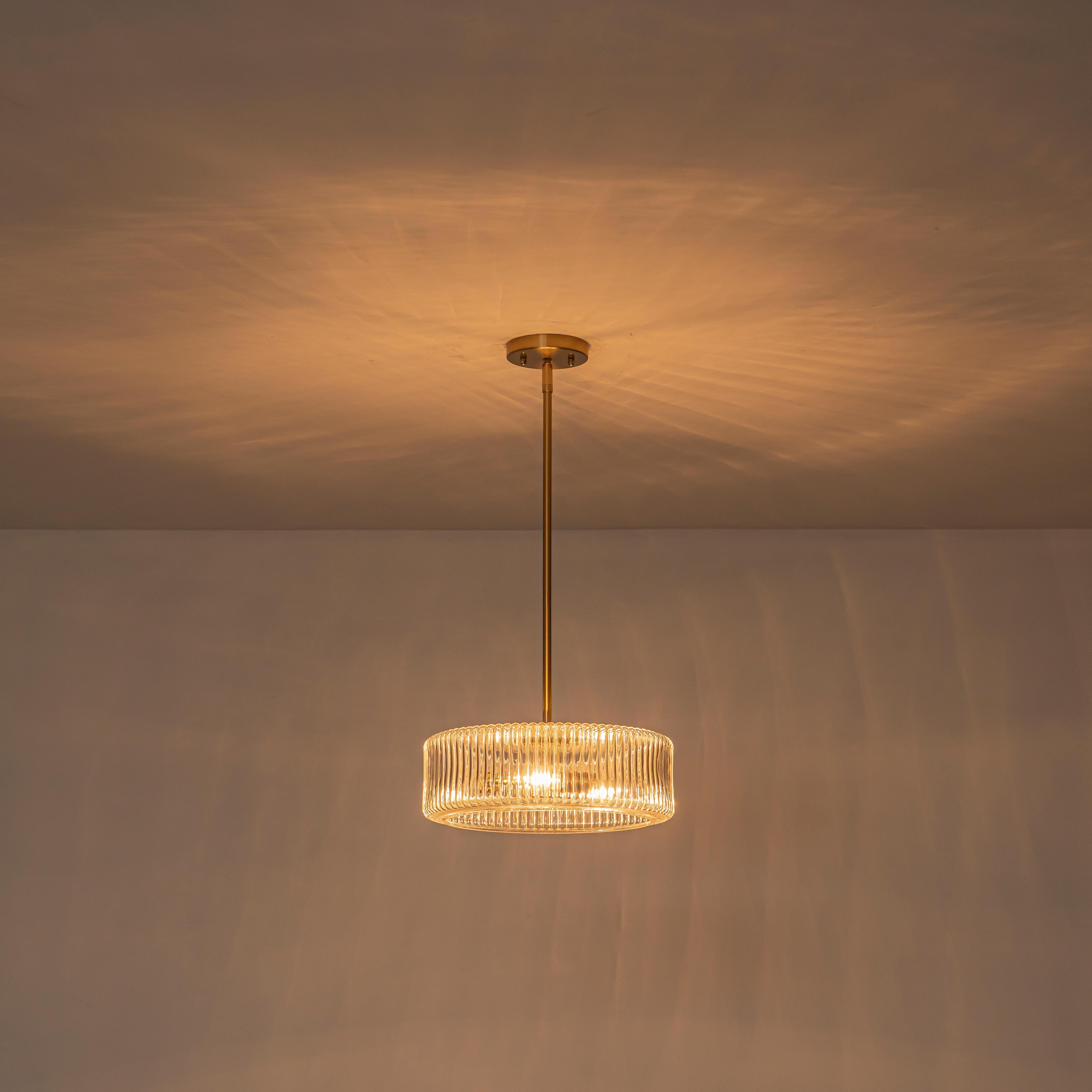 Glowlings 3-Light Modern 14"Wide Brass Drum Clear Ribbed Glass Chandelier/Semi-Flush Mount