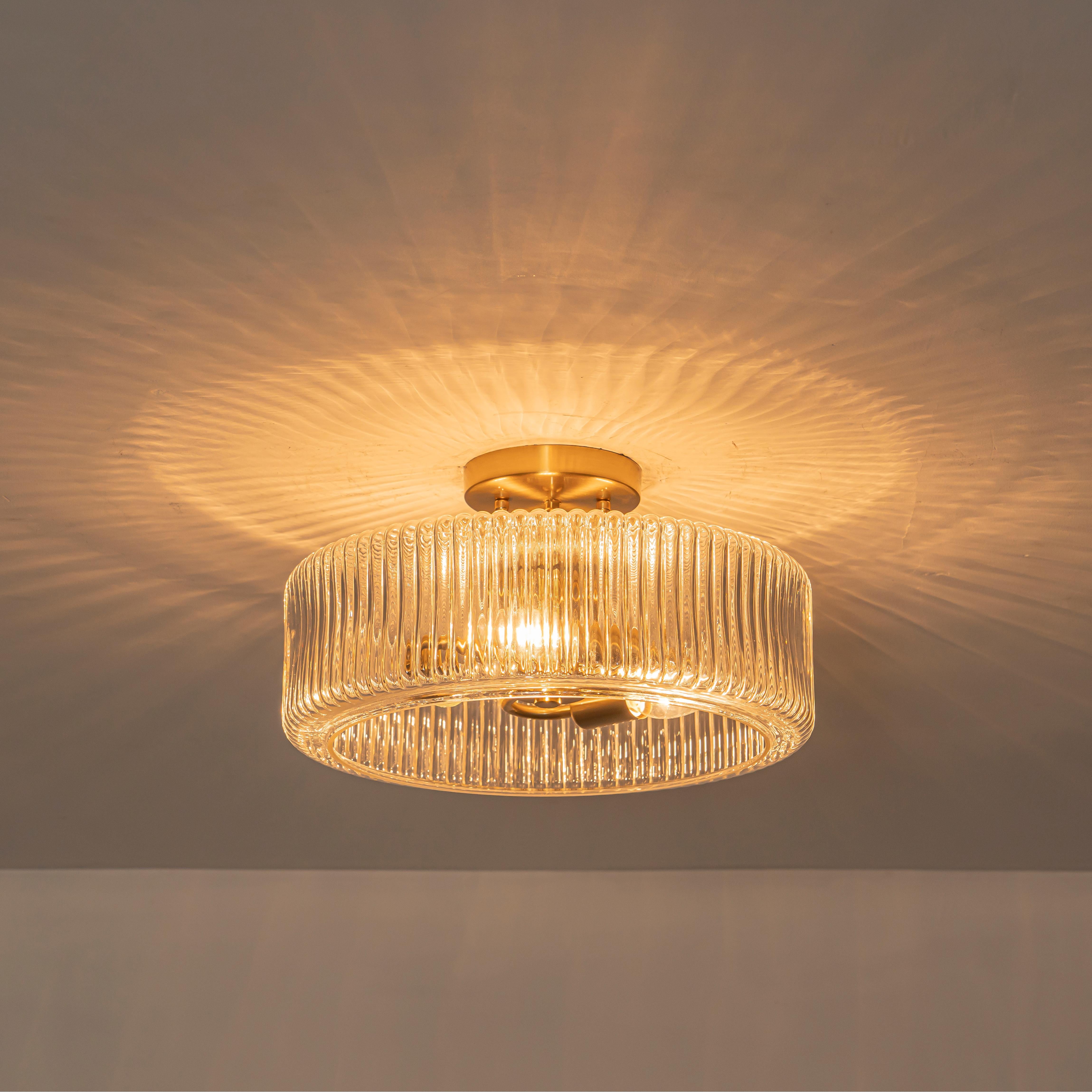 Glowlings 3-Light Modern 14"Wide Brass Drum Clear Ribbed Glass Chandelier/Semi-Flush Mount