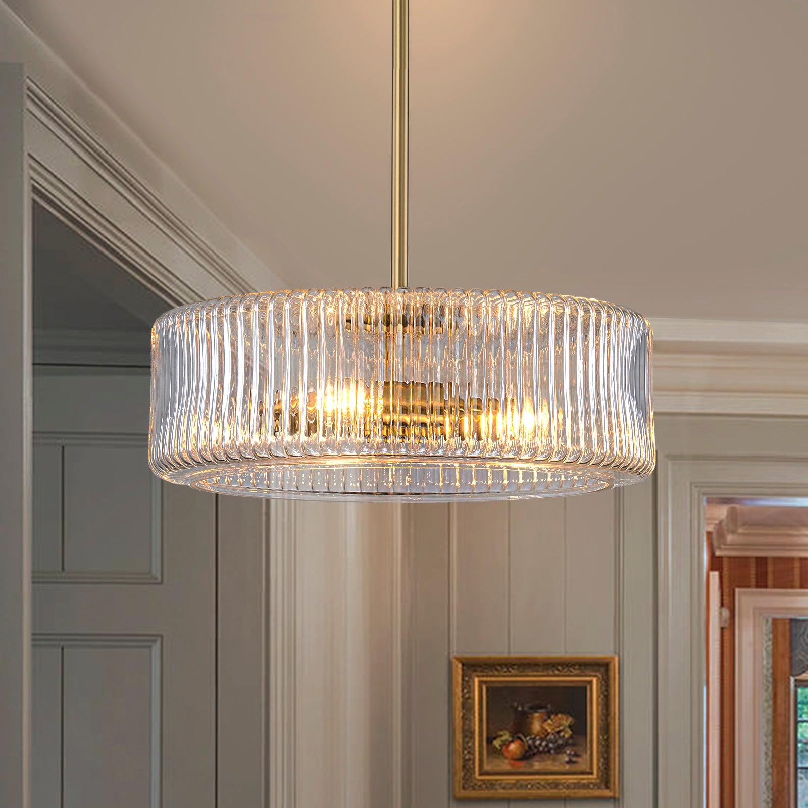 Glowlings 3-Light Modern 14"Wide Brass Drum Clear Ribbed Glass Chandelier/Semi-Flush Mount