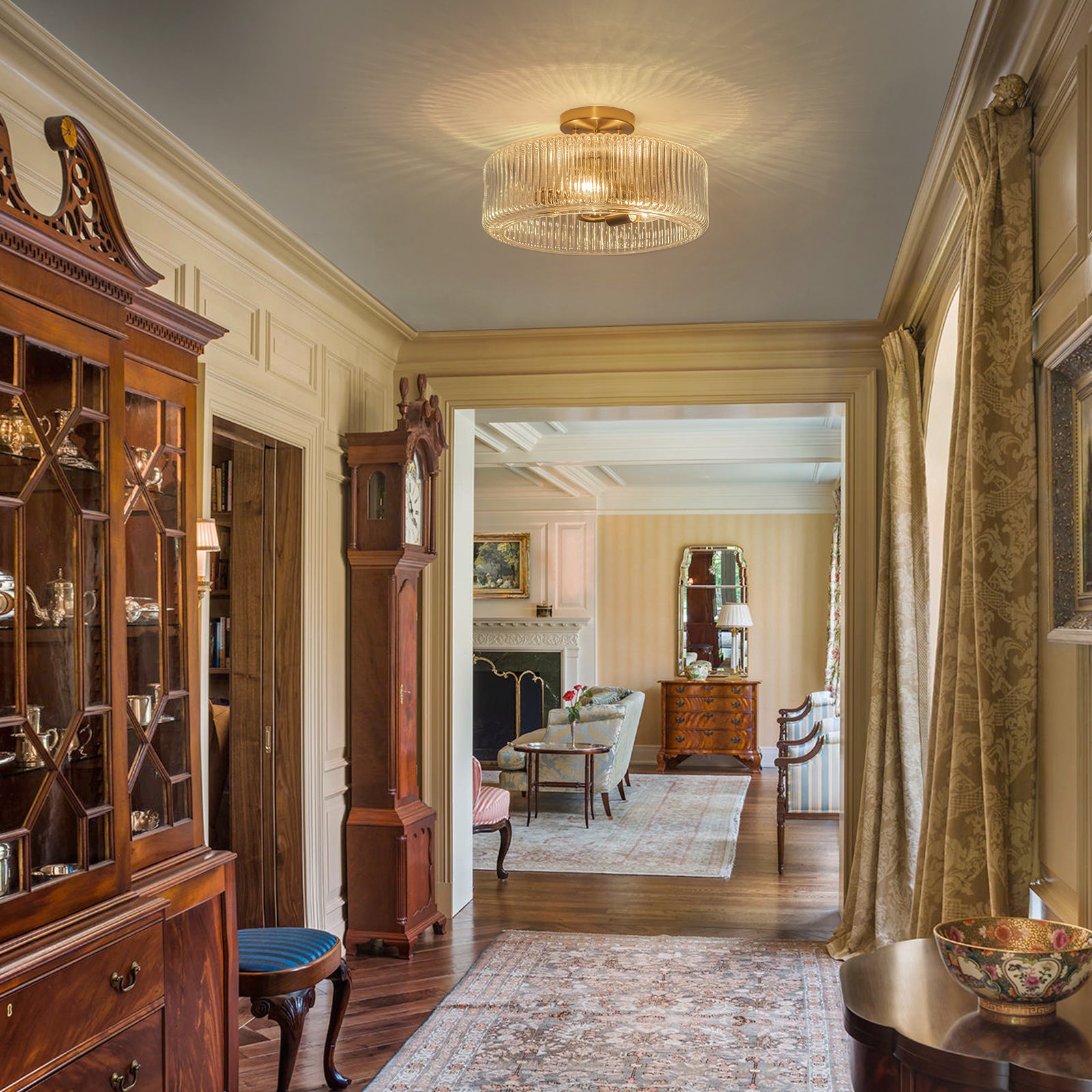 Glowlings 3-Light Modern 14"Wide Brass Drum Clear Ribbed Glass Chandelier/Semi-Flush Mount