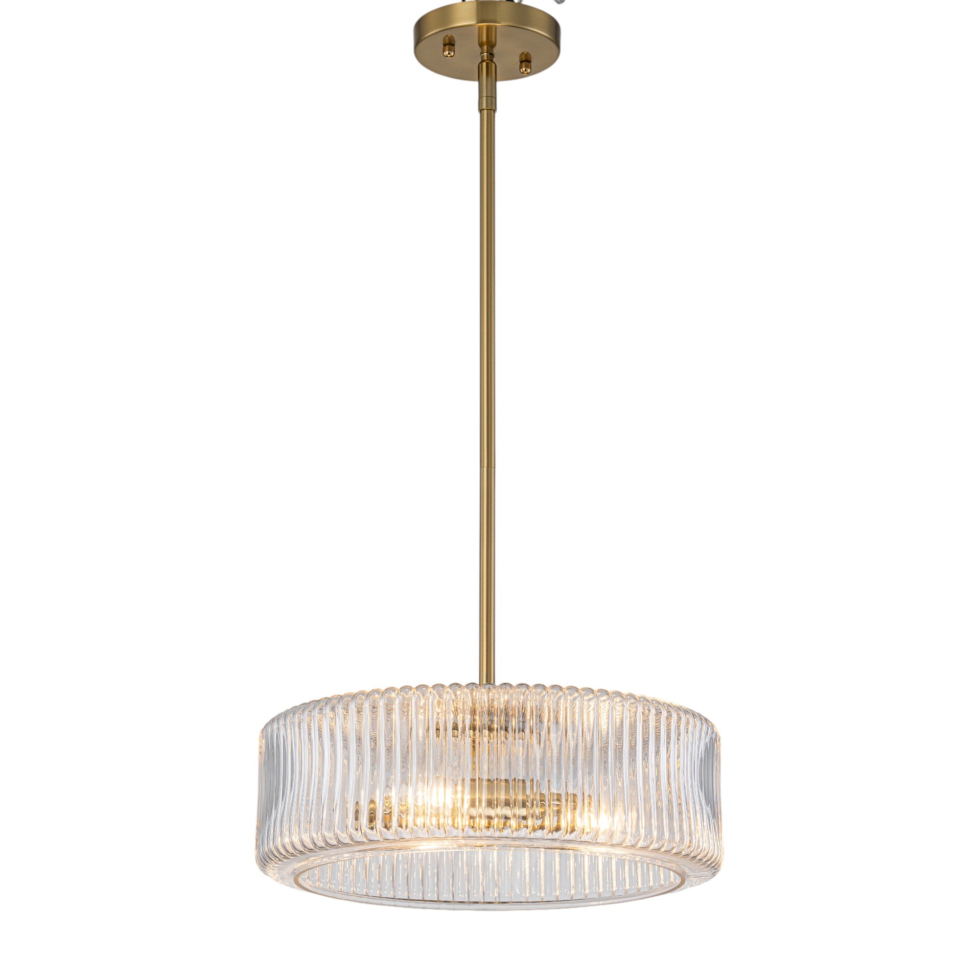 Glowlings 3-Light Modern 14"Wide Brass Drum Clear Ribbed Glass Chandelier/Semi-Flush Mount