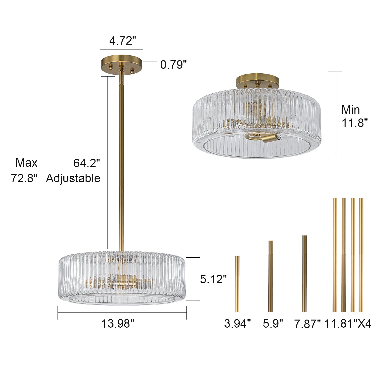 Glowlings 3-Light Modern 14"Wide Brass Drum Clear Ribbed Glass Chandelier/Semi-Flush Mount