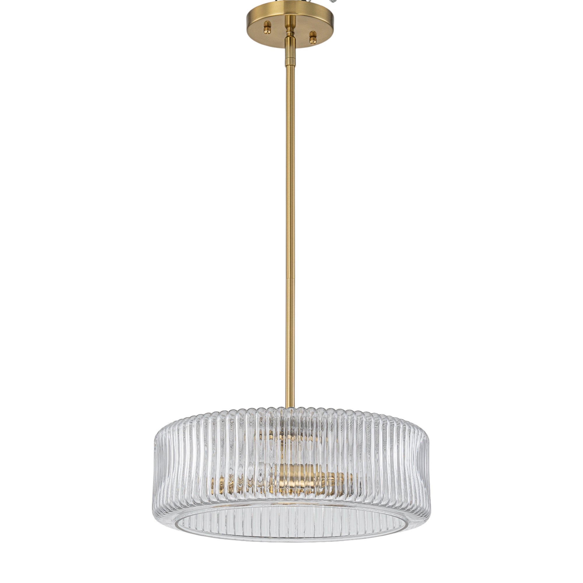Glowlings 3-Light Modern 14"Wide Brass Drum Clear Ribbed Glass Chandelier/Semi-Flush Mount