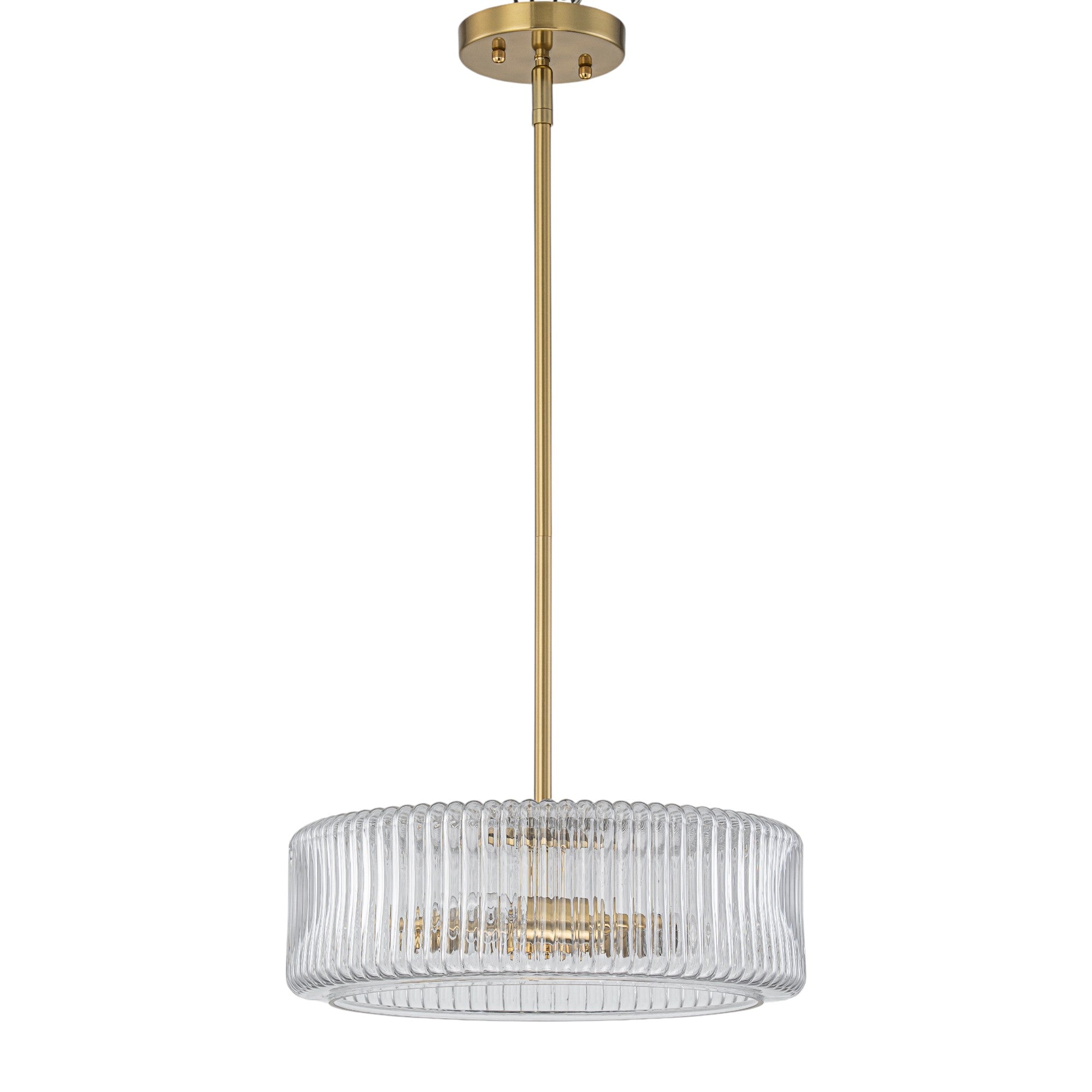 Glowlings 3-Light Modern 14"Wide Brass Drum Clear Ribbed Glass Chandelier/Semi-Flush Mount