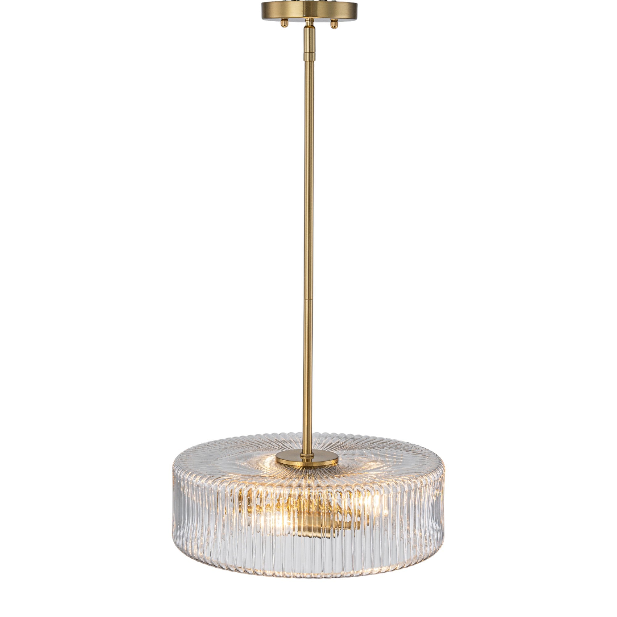 Glowlings 3-Light Modern 14"Wide Brass Drum Clear Ribbed Glass Chandelier/Semi-Flush Mount