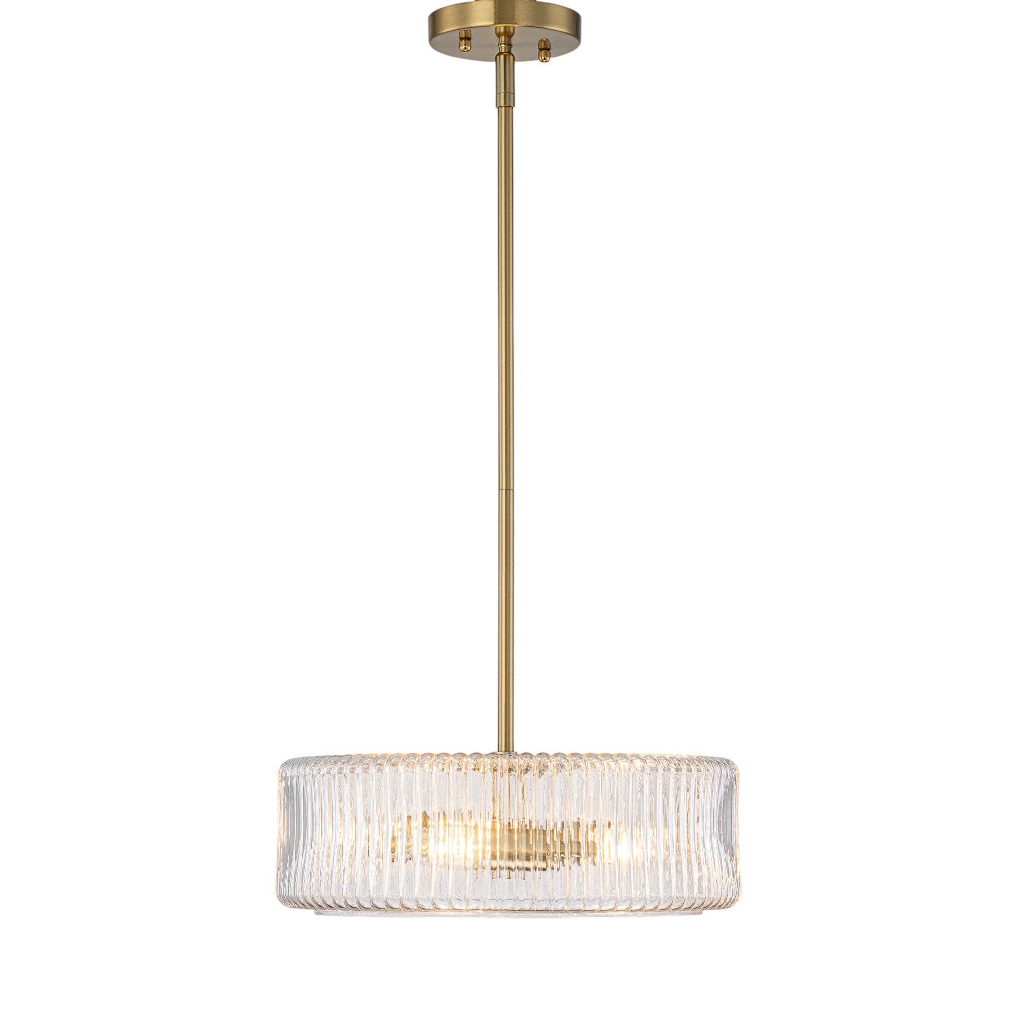 Glowlings 3-Light Modern 14"Wide Brass Drum Clear Ribbed Glass Chandelier/Semi-Flush Mount