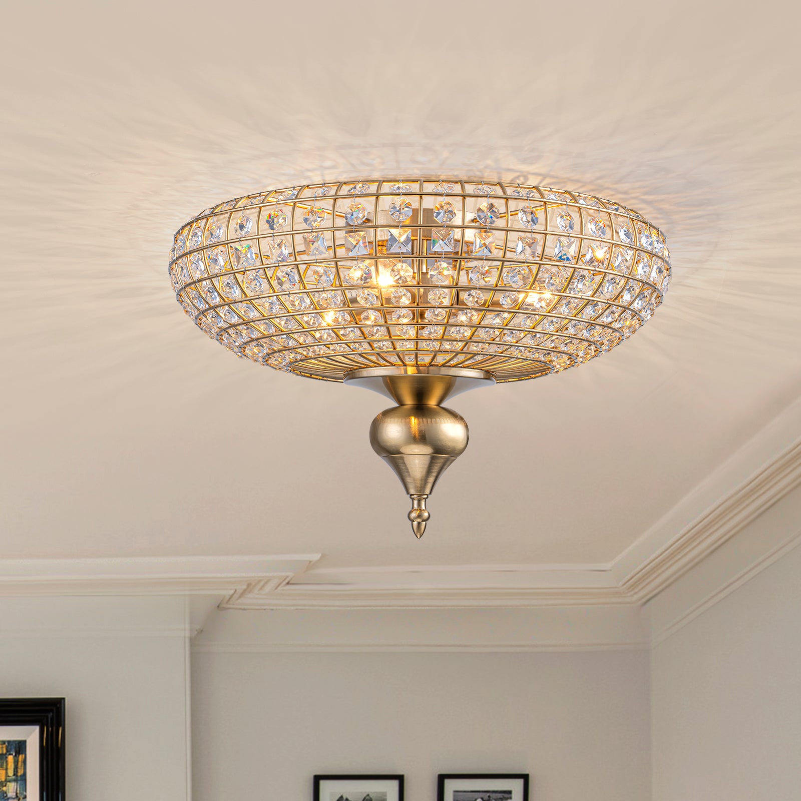 Glowlings 3-Light Vintage 16"Wide Brass Round Handmade Crystal Flush Mount