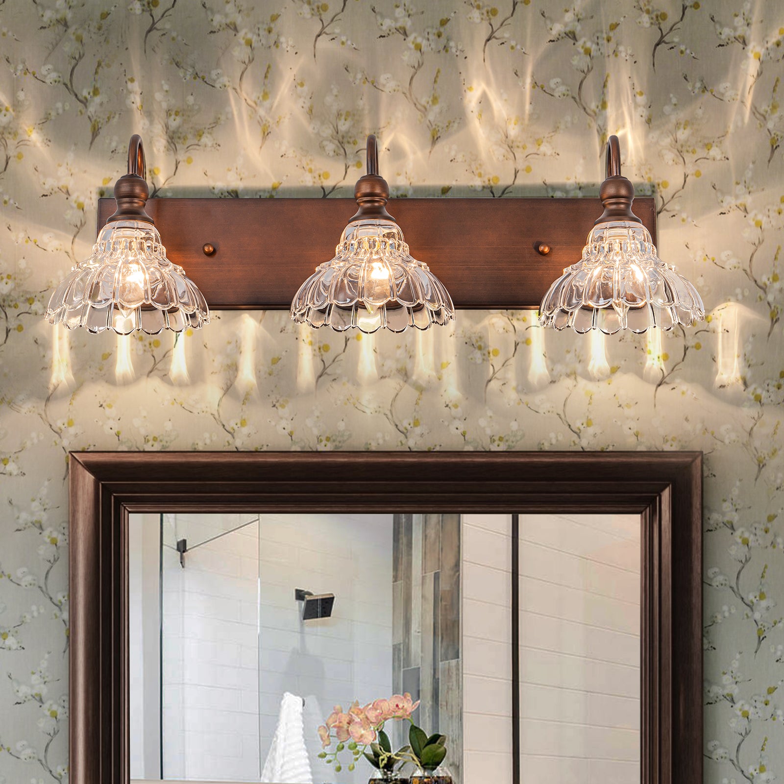 Glowlings 1/3/4-Light Vintage Antique Bronze Glass Flower Shaped Bathroom Vanity Light Over Mirror