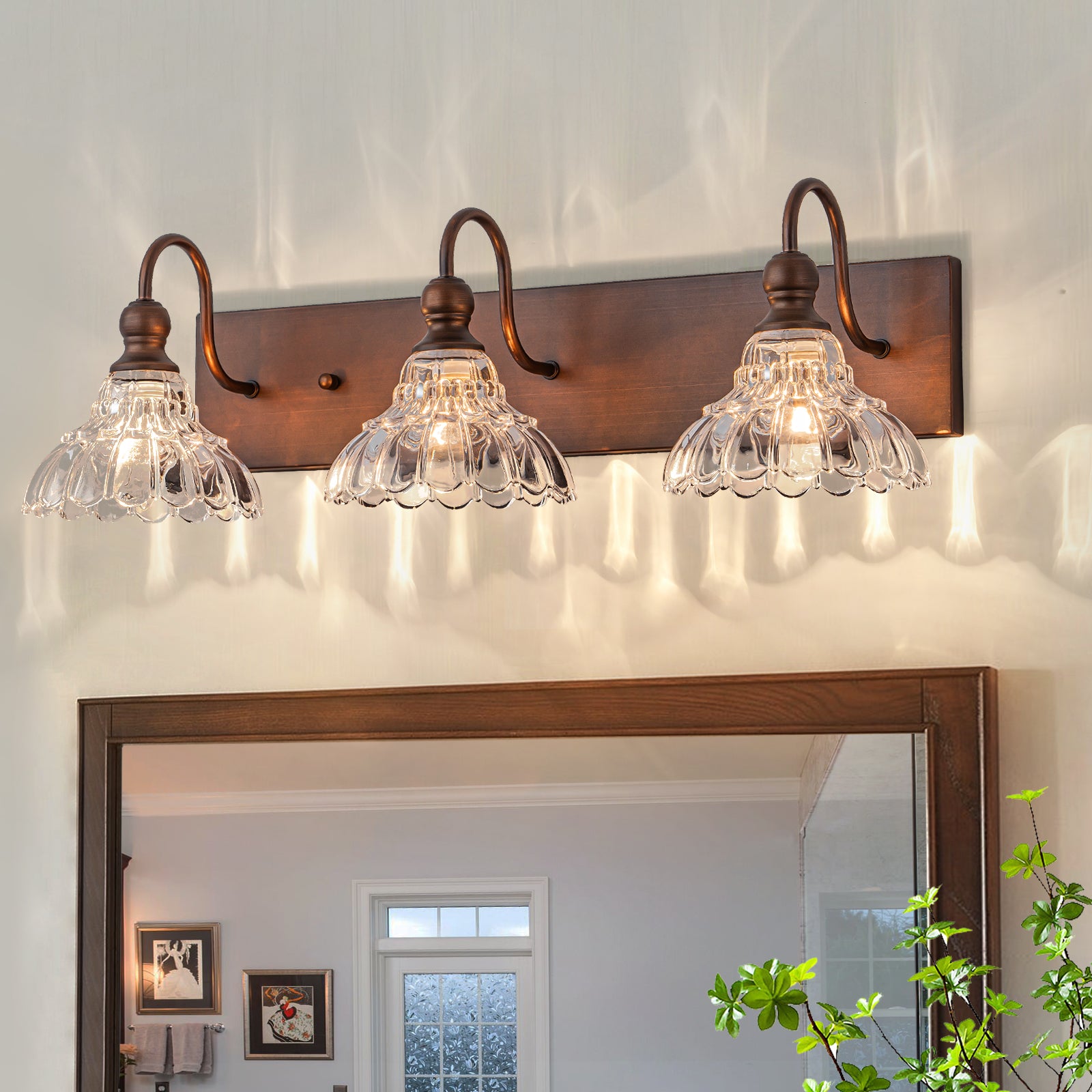 Glowlings 1/3/4-Light Vintage Antique Bronze Glass Flower Shaped Bathroom Vanity Light Over Mirror