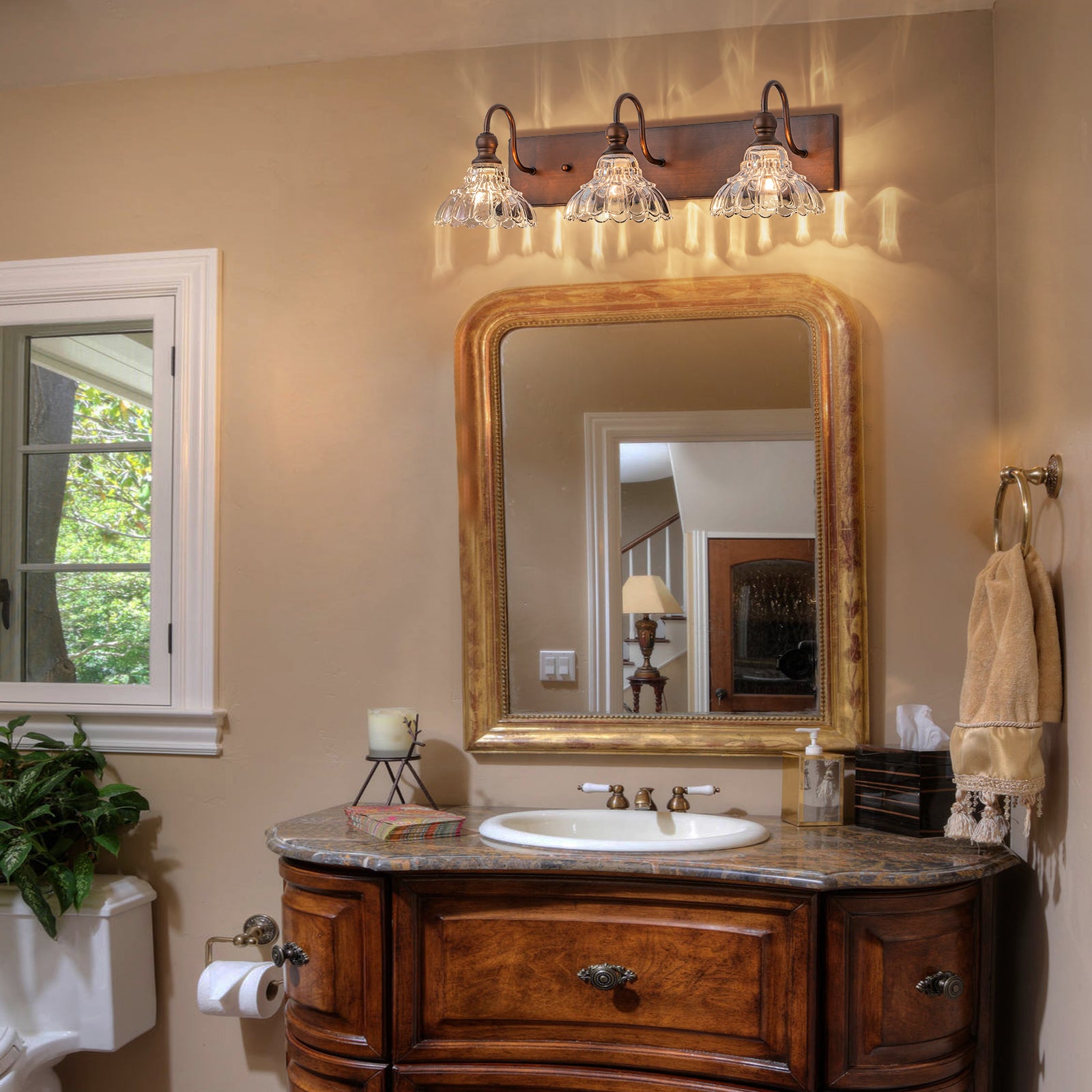 Glowlings 1/3/4-Light Vintage Antique Bronze Glass Flower Shaped Bathroom Vanity Light Over Mirror