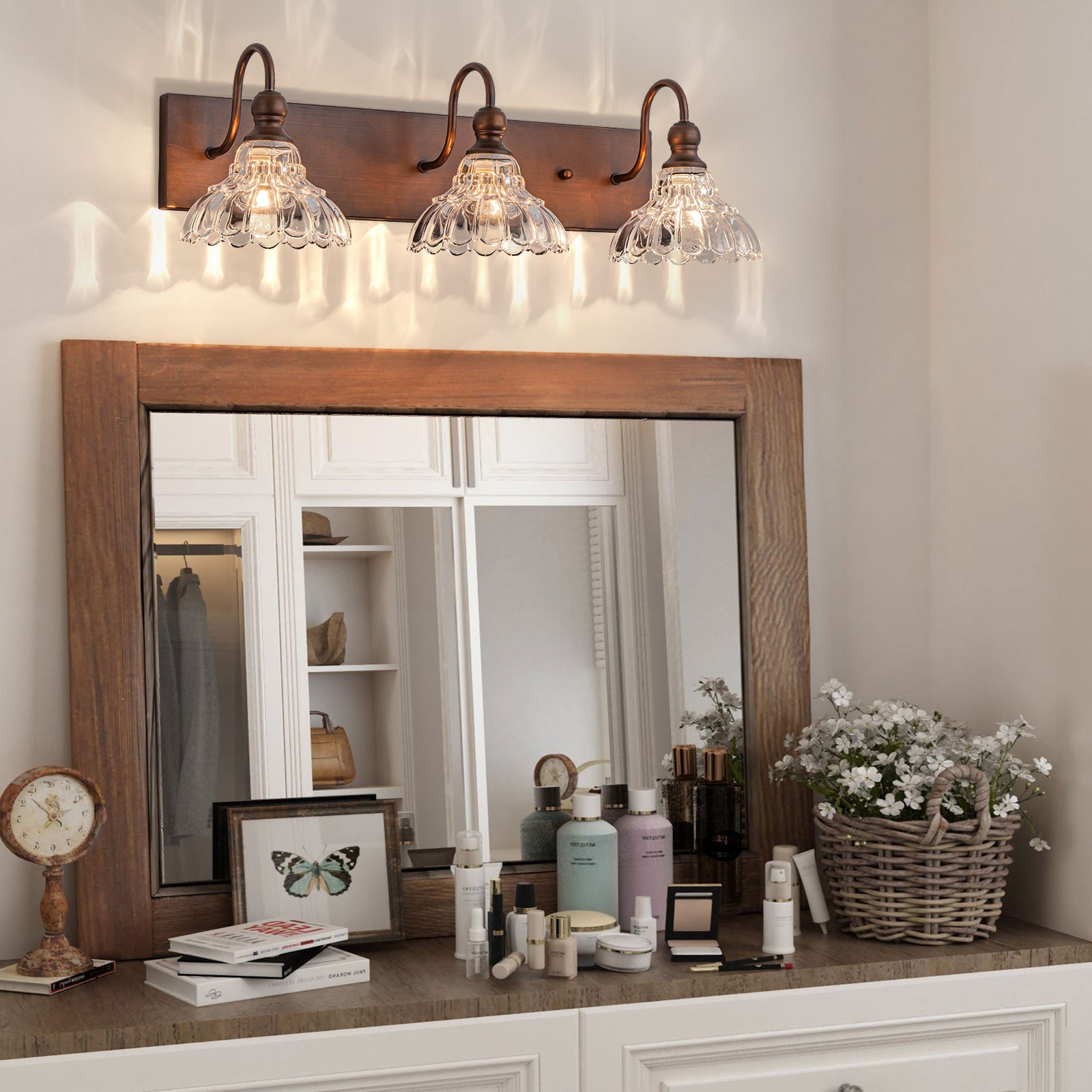 Glowlings 1/3/4-Light Vintage Antique Bronze Glass Flower Shaped Bathroom Vanity Light Over Mirror