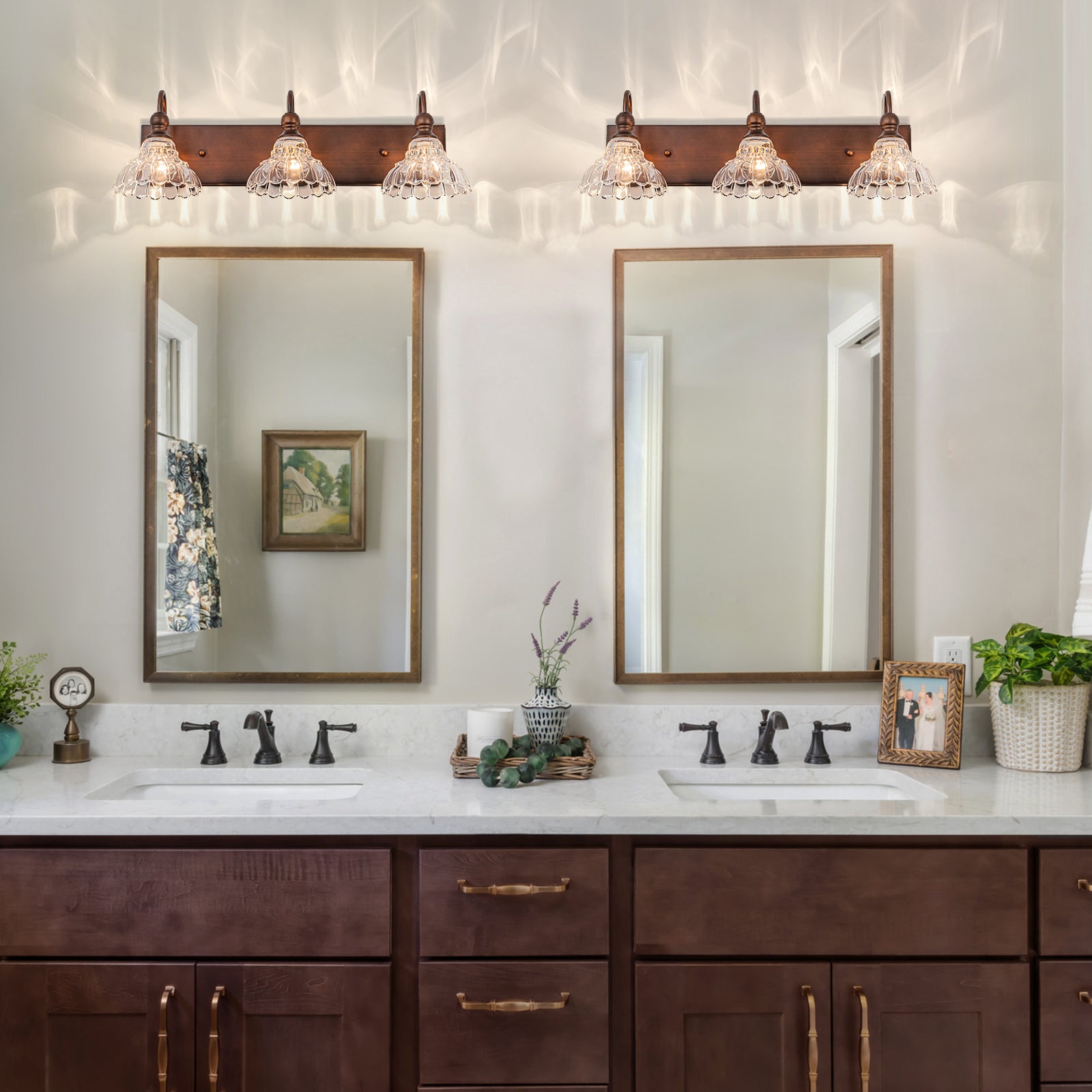 Glowlings 1/3/4-Light Vintage Antique Bronze Glass Flower Shaped Bathroom Vanity Light Over Mirror