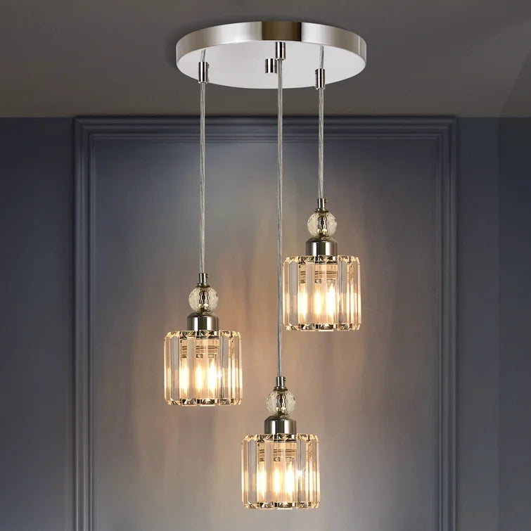 Glowlings 3-flammige, moderne Pendelleuchte mit quadratischem Cluster-Zylinder aus Chromkristall