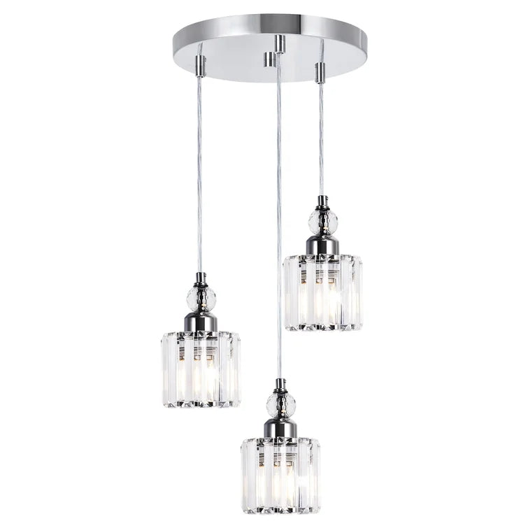 Glowlings 3-flammige, moderne Pendelleuchte mit quadratischem Cluster-Zylinder aus Chromkristall