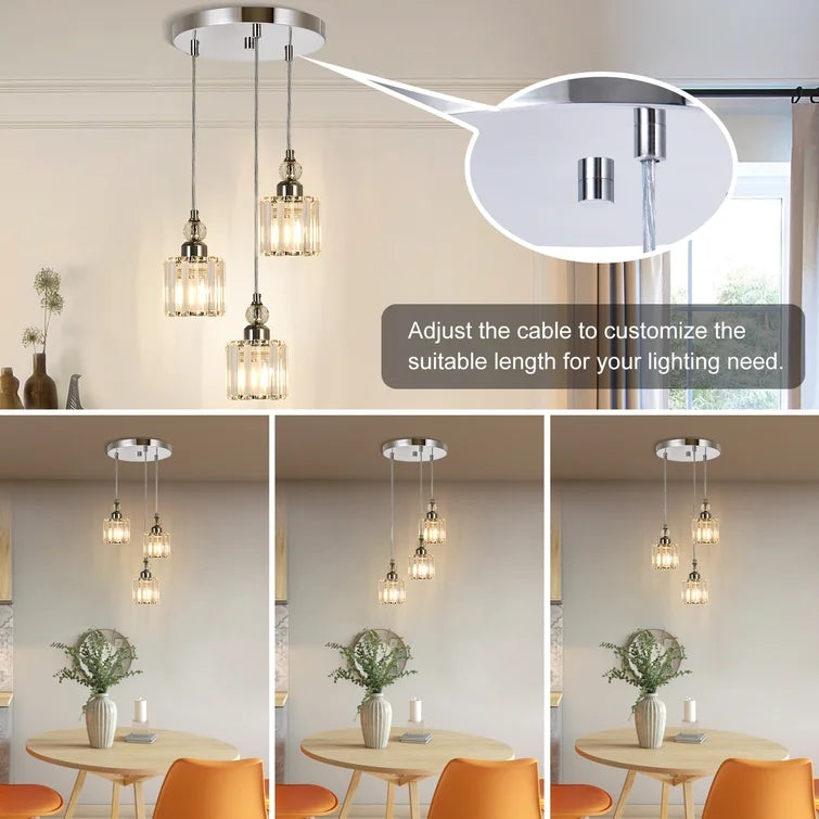 Glowlings 3-flammige, moderne Pendelleuchte mit quadratischem Cluster-Zylinder aus Chromkristall