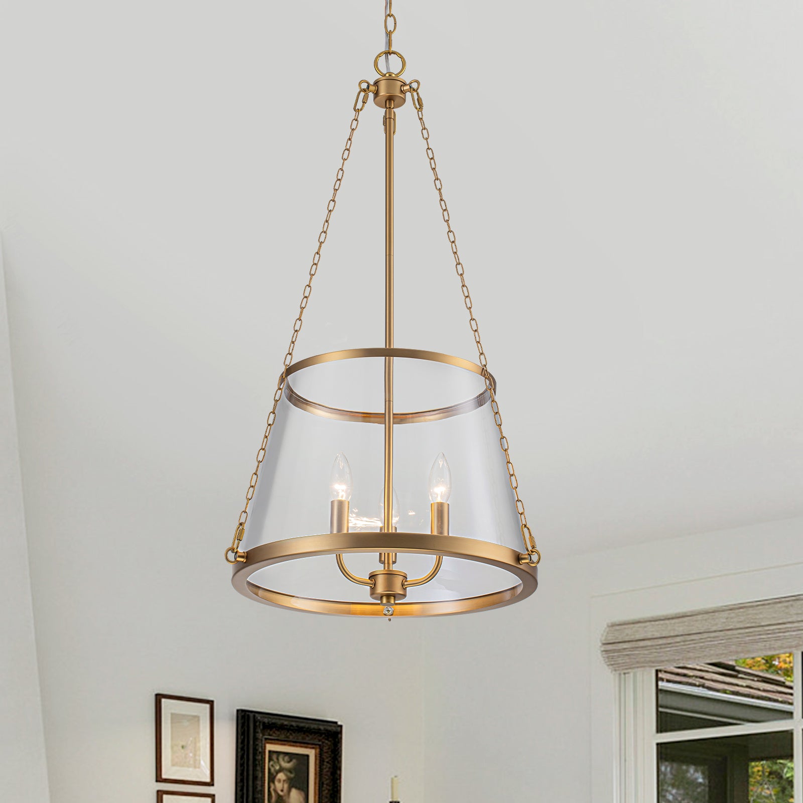 Glowlings 3-Light Classic Brushed Gold Chain Clear Tapered Glass Drum Chandelier