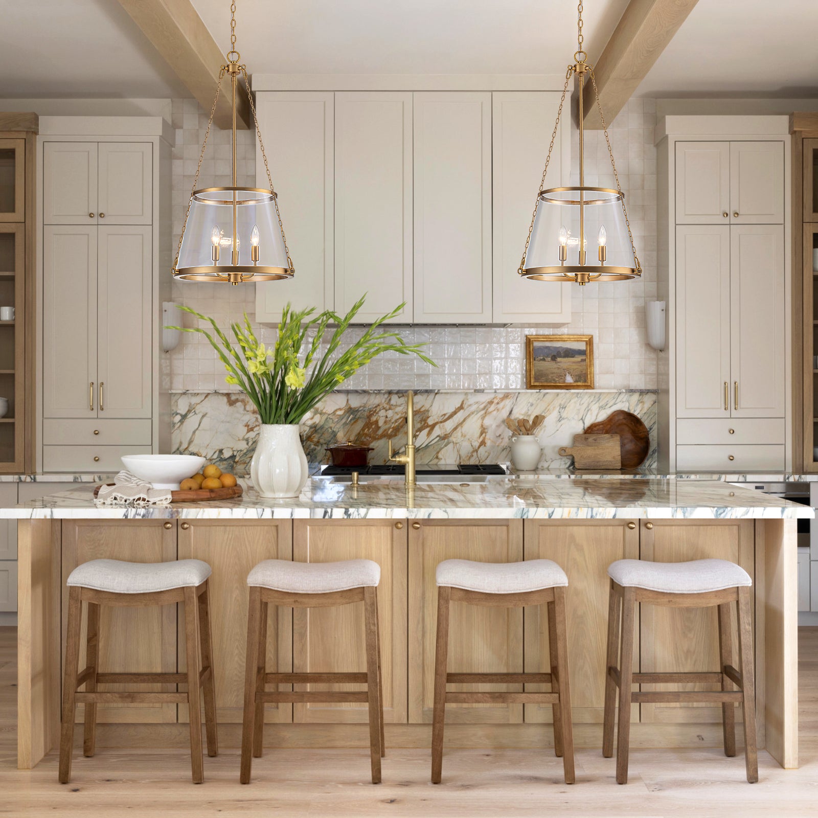 Glowlings 3-Light Classic Brushed Gold Chain Clear Tapered Glass Drum Chandelier