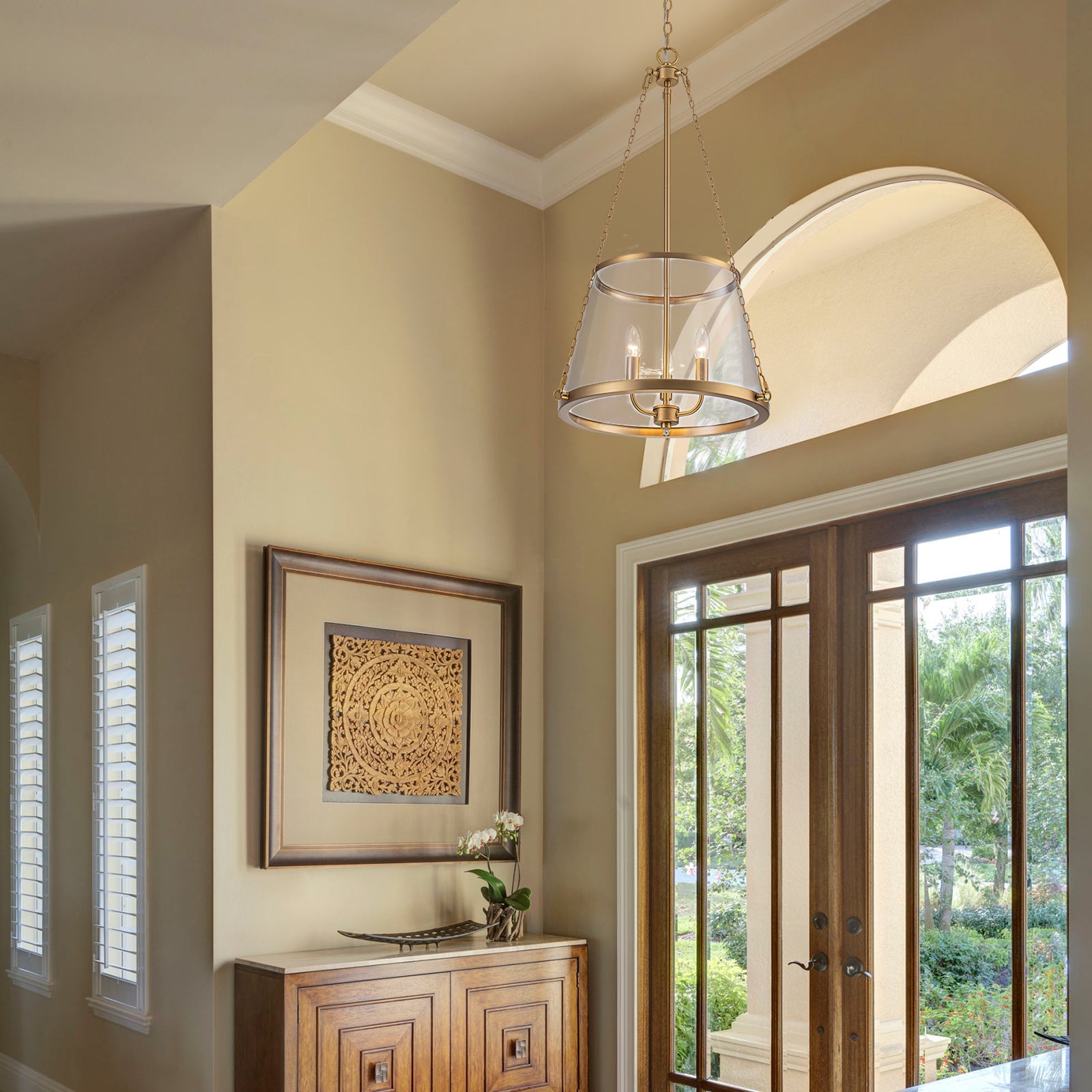 Glowlings 3-Light Classic Brushed Gold Chain Clear Tapered Glass Drum Chandelier