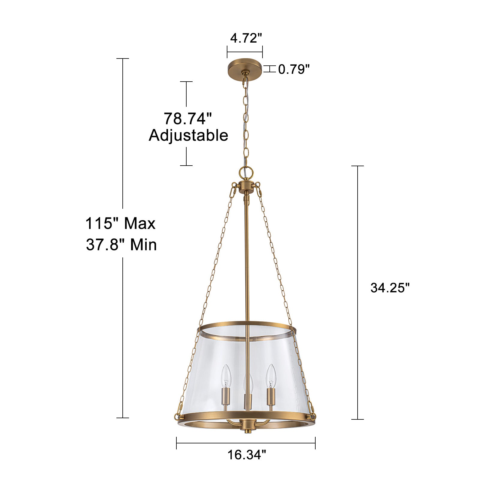 Glowlings 3-Light Classic Brushed Gold Chain Clear Tapered Glass Drum Chandelier
