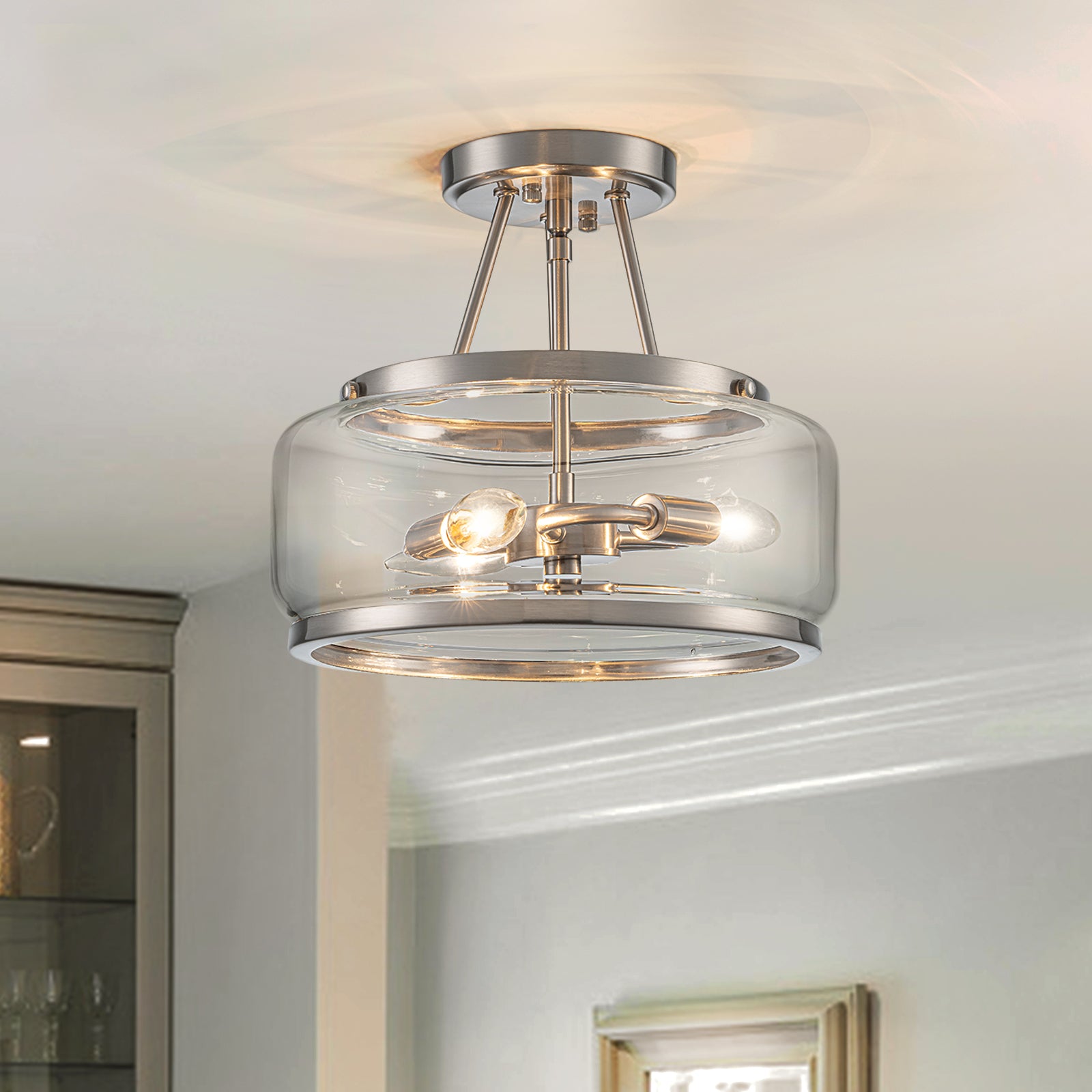 Glowlings Modern 3-Light Drum Clear Glass Lantern Semi Flush Mount
