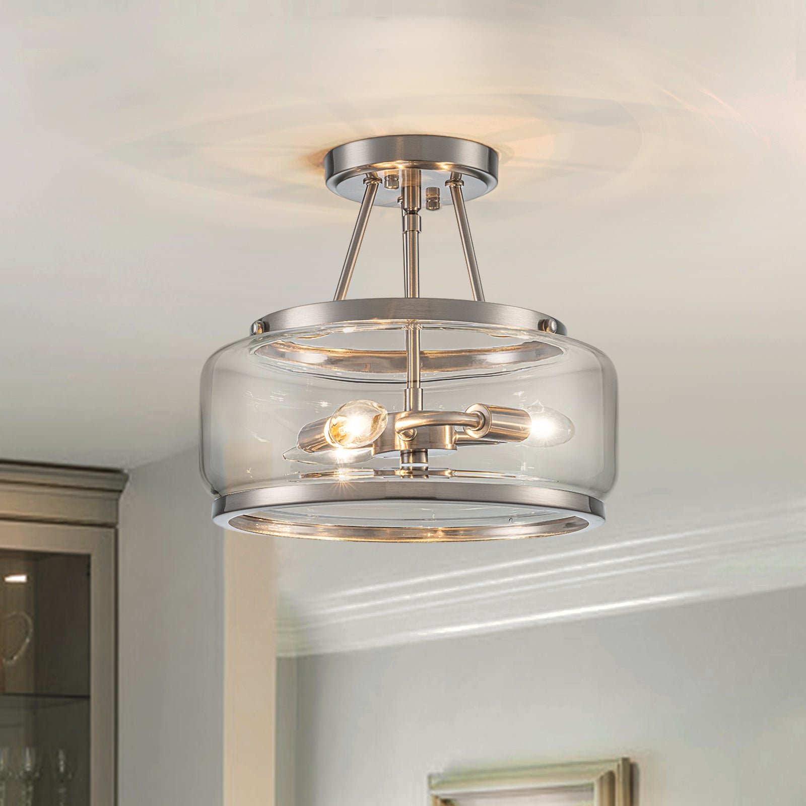 Glowlings Modern 3-Light Drum Clear Glass Lantern Semi Flush Mount