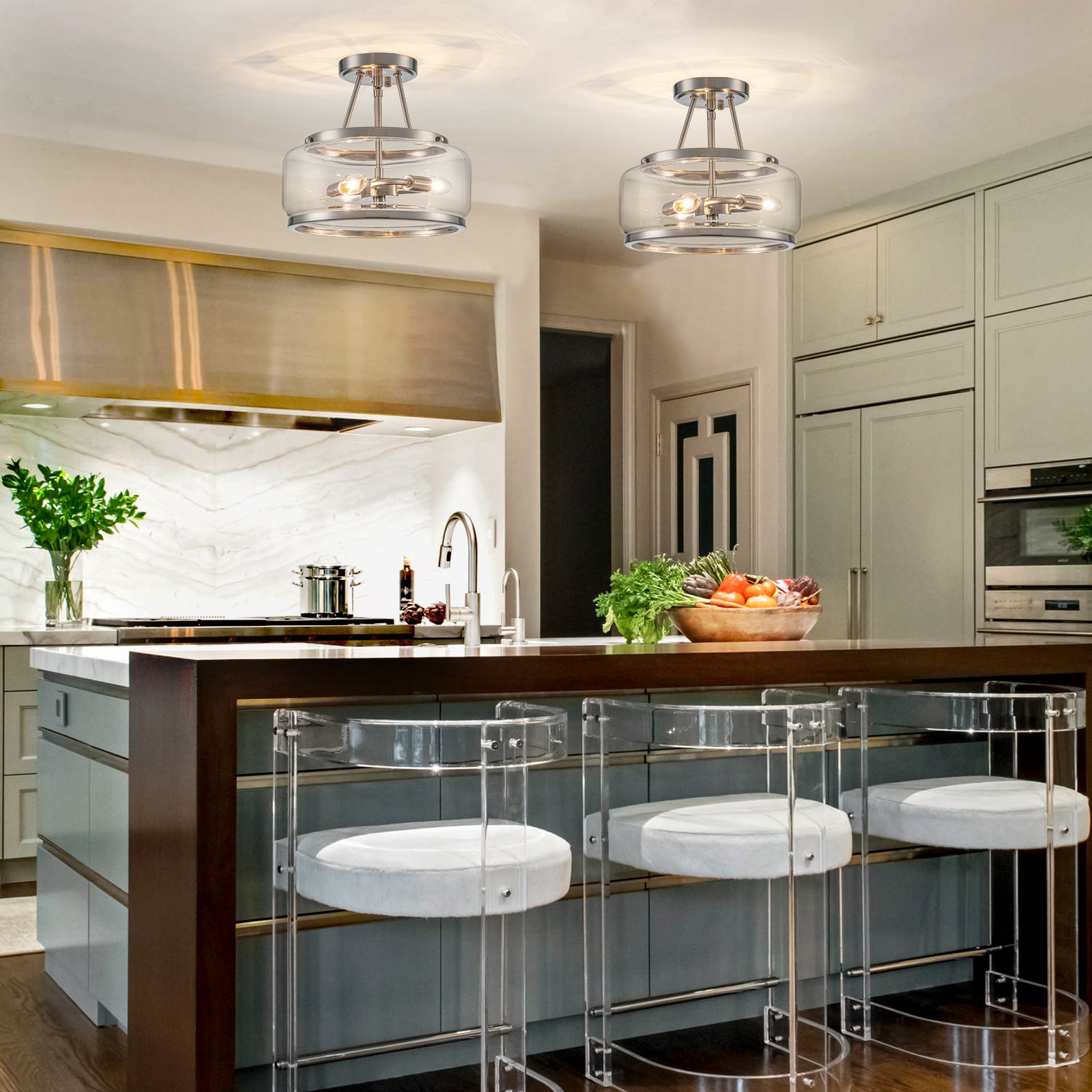 Glowlings Modern 3-Light Drum Clear Glass Lantern Semi Flush Mount