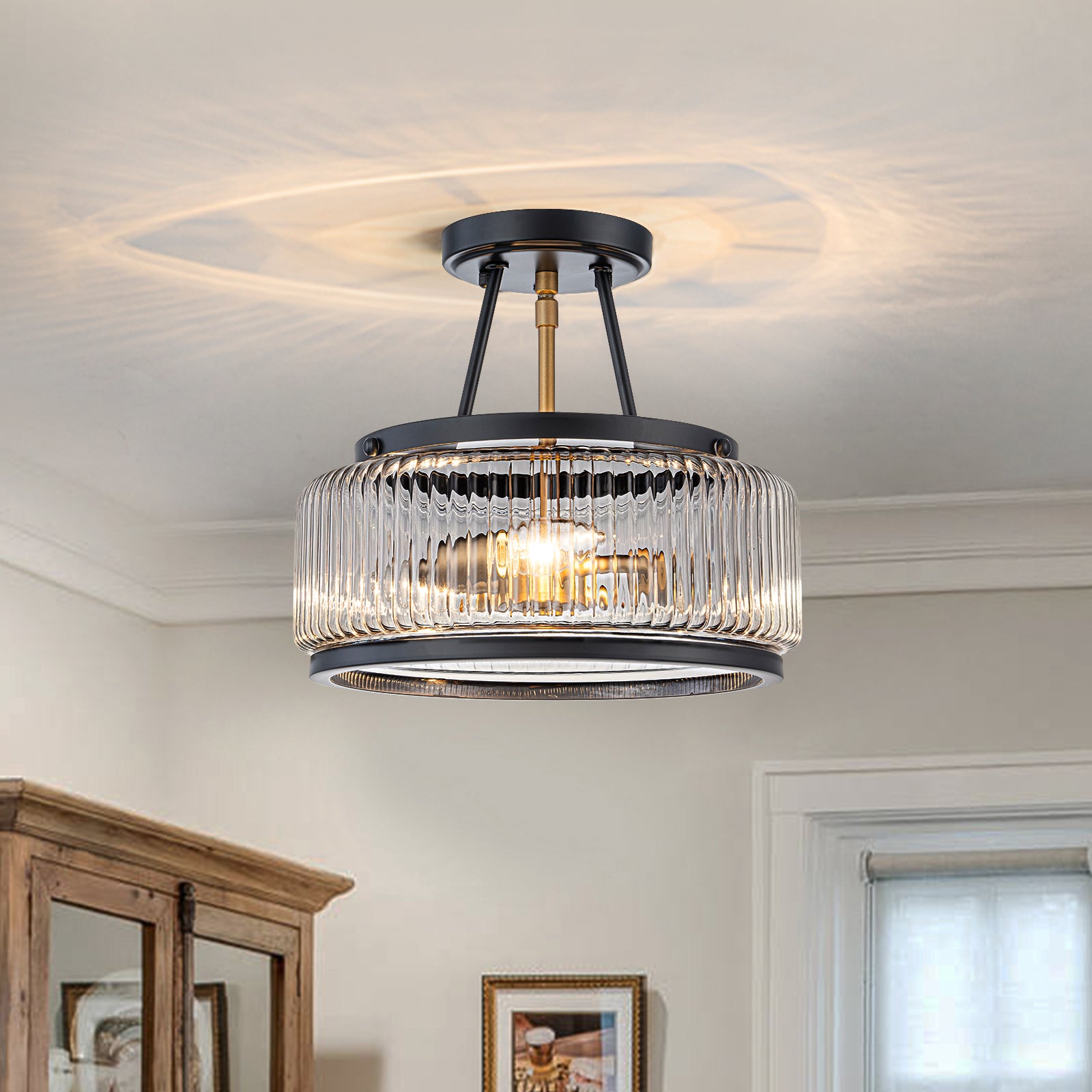 Glowlings 3-Light Modern 12"Wide Drum Ribbed Faceted Glass Lantern Semi Flush Mount