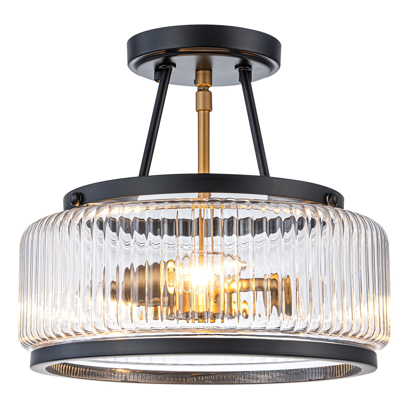 Glowlings 3-Light Modern 12"Wide Drum Ribbed Faceted Glass Lantern Semi Flush Mount