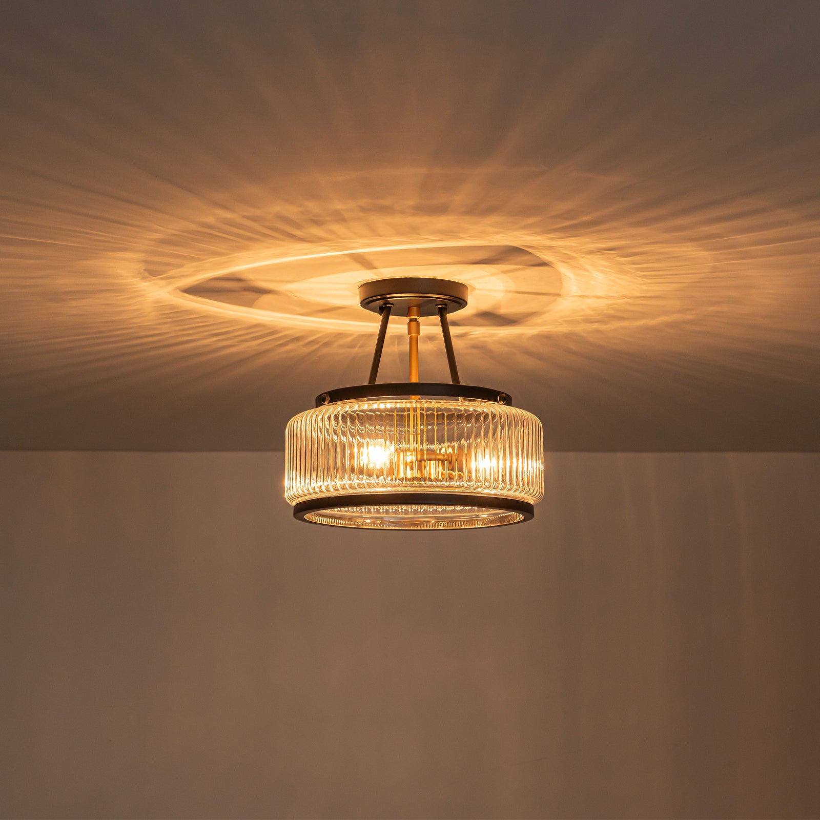 Glowlings 3-Light Modern 12"Wide Drum Ribbed Faceted Glass Lantern Semi Flush Mount