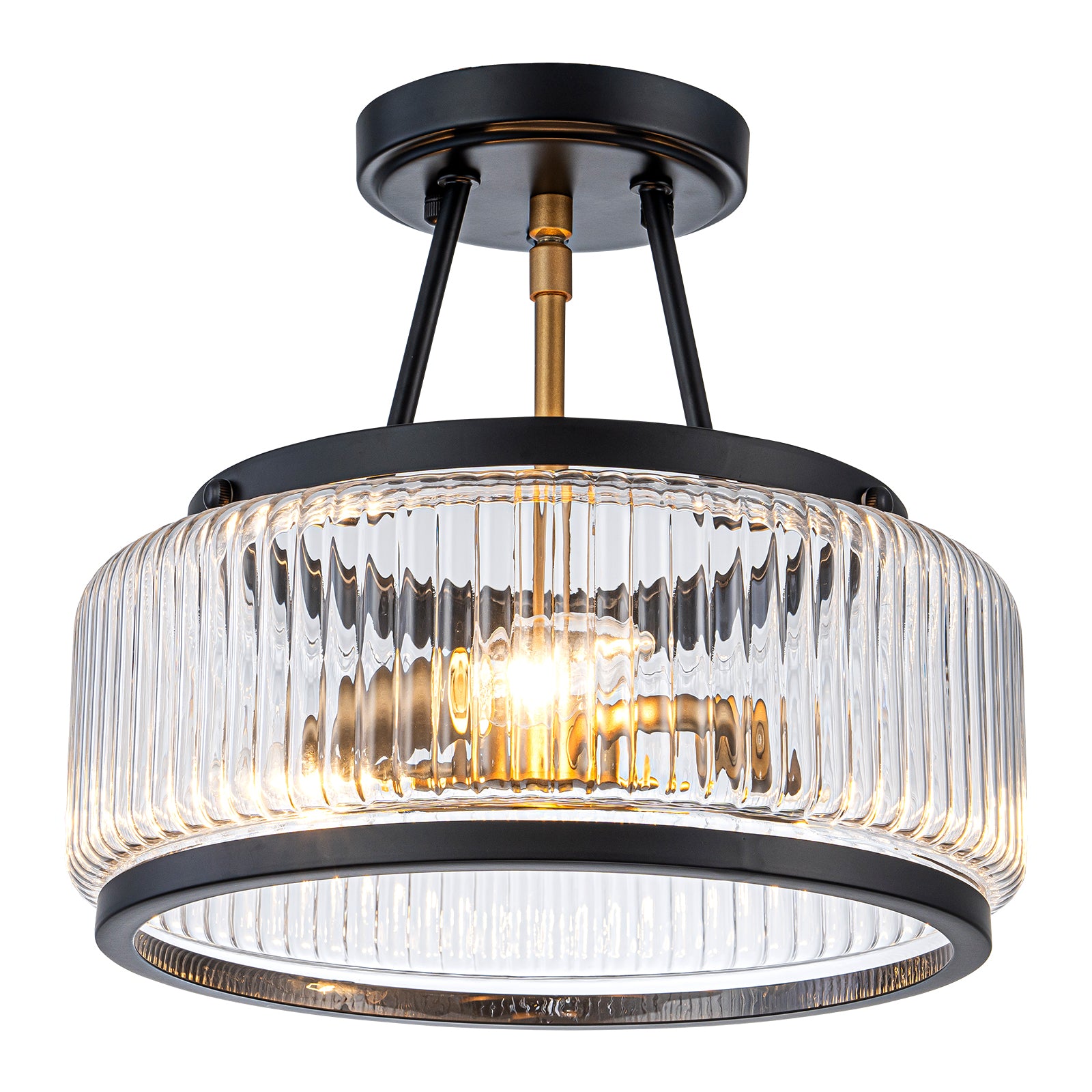 Glowlings 3-Light Modern 12"Wide Drum Ribbed Faceted Glass Lantern Semi Flush Mount