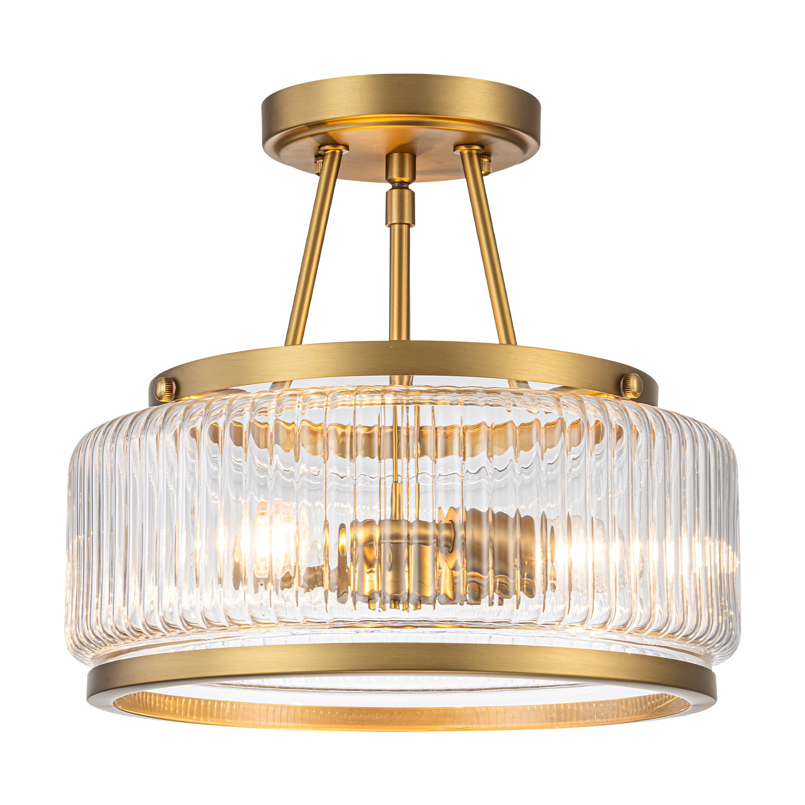 Glowlings 3-Light Modern 12"Wide Drum Ribbed Faceted Glass Lantern Semi Flush Mount