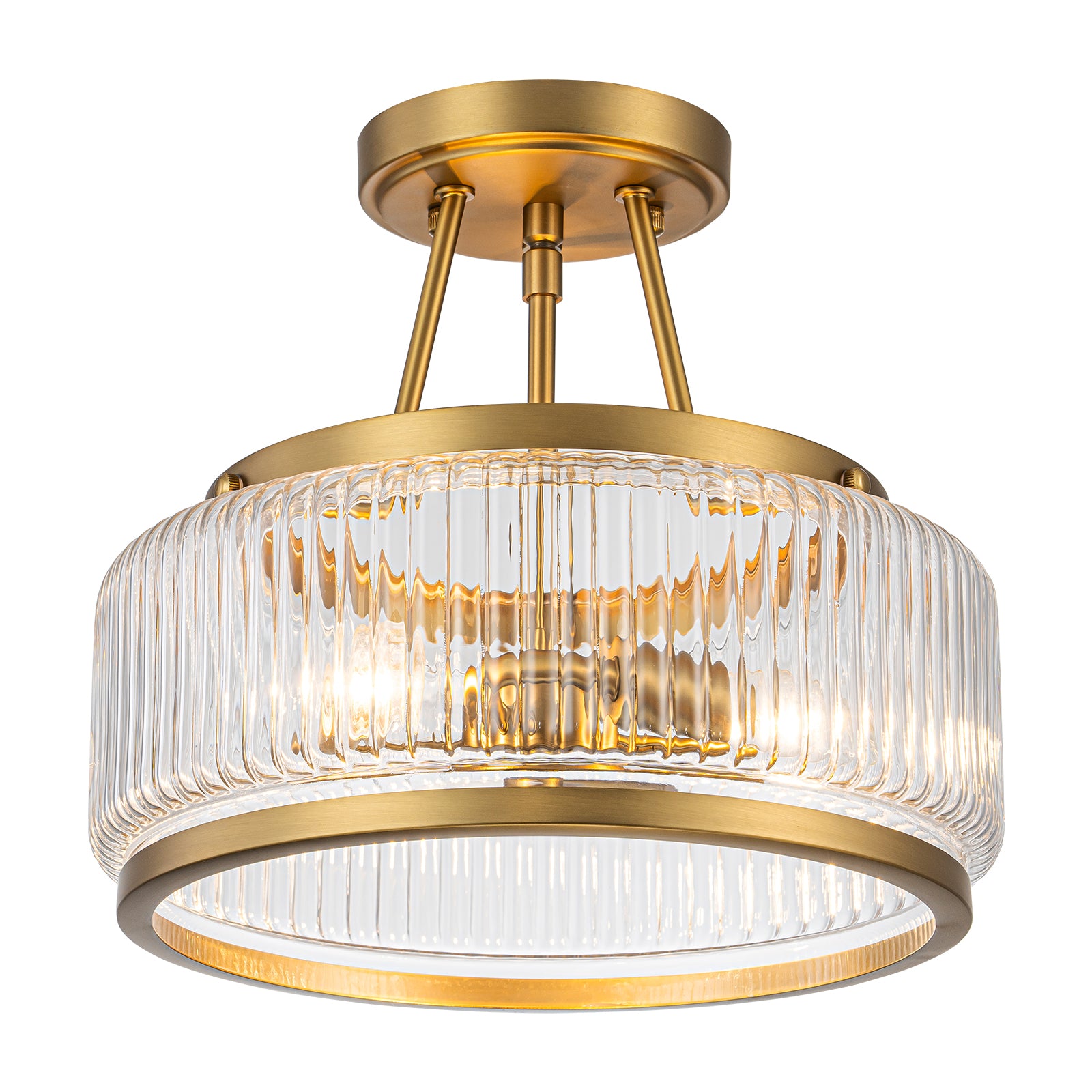 Glowlings 3-Light Modern 12"Wide Drum Ribbed Faceted Glass Lantern Semi Flush Mount