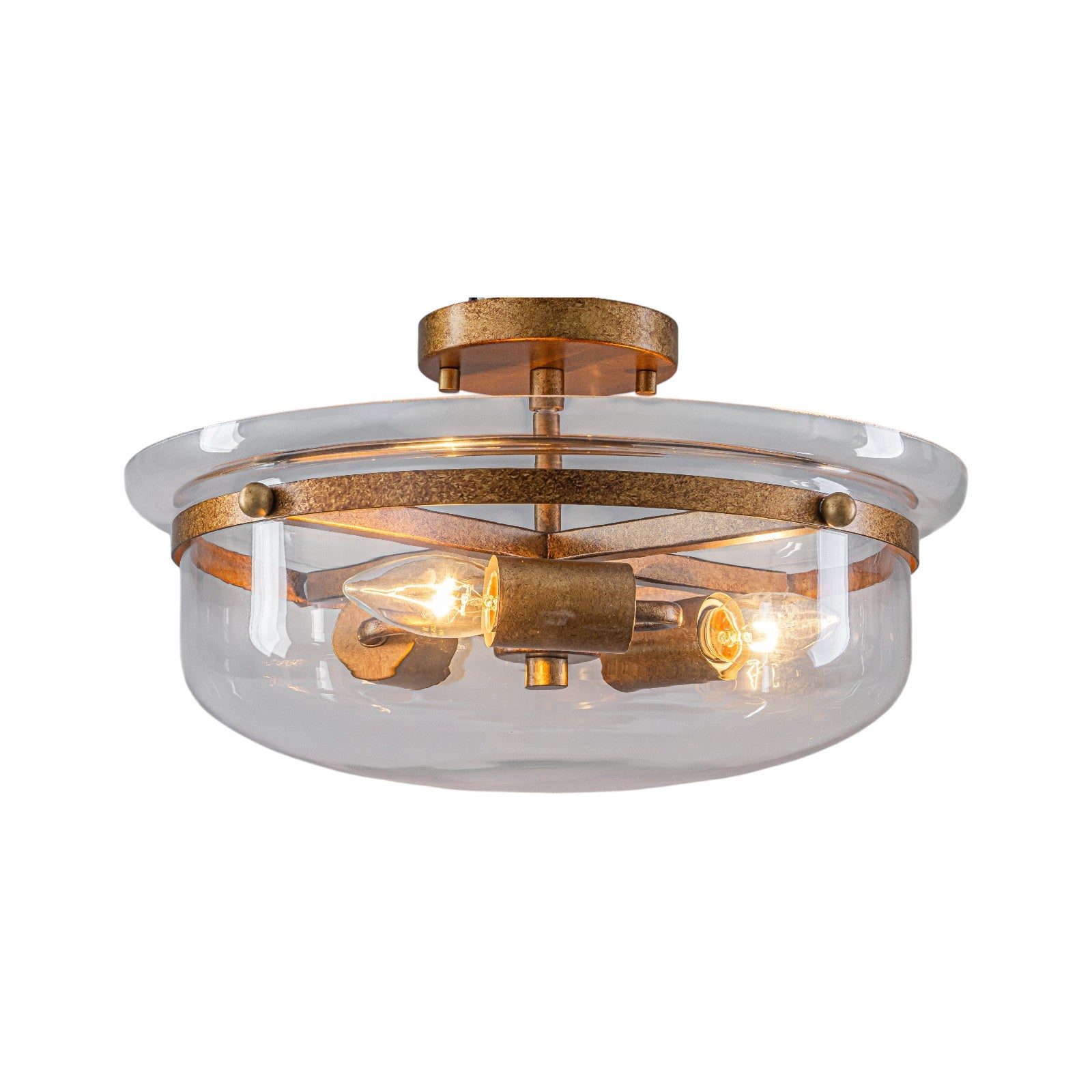 Glowlings 3-Light Farmhouse 15"Wide Aged Brass Glass Bowl Shaped Semi Flush Mount
